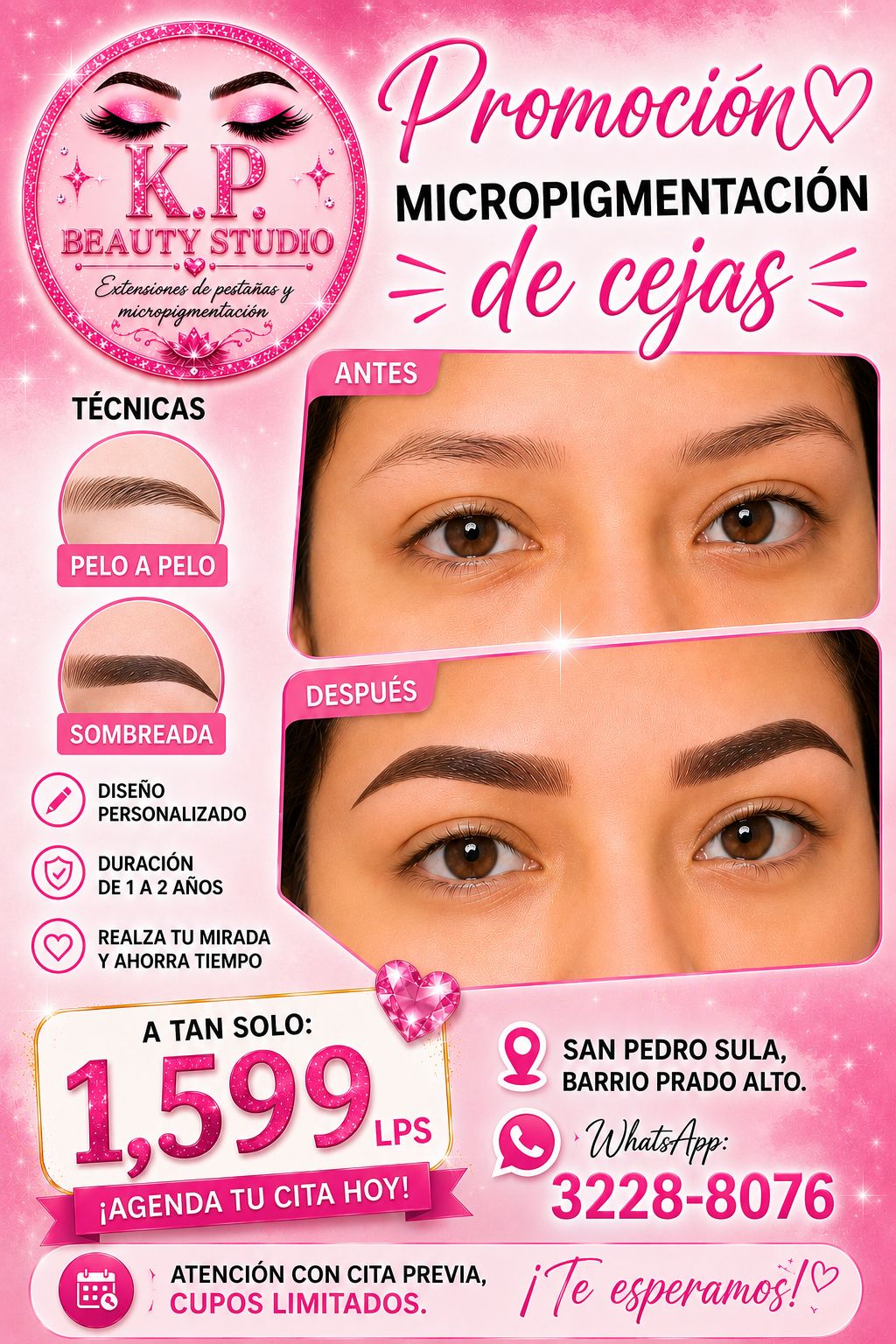 K.P. beauty studio Facebook ad: PROMOCIÓN Micropigmentación de cejas a tan solo: 1,599…