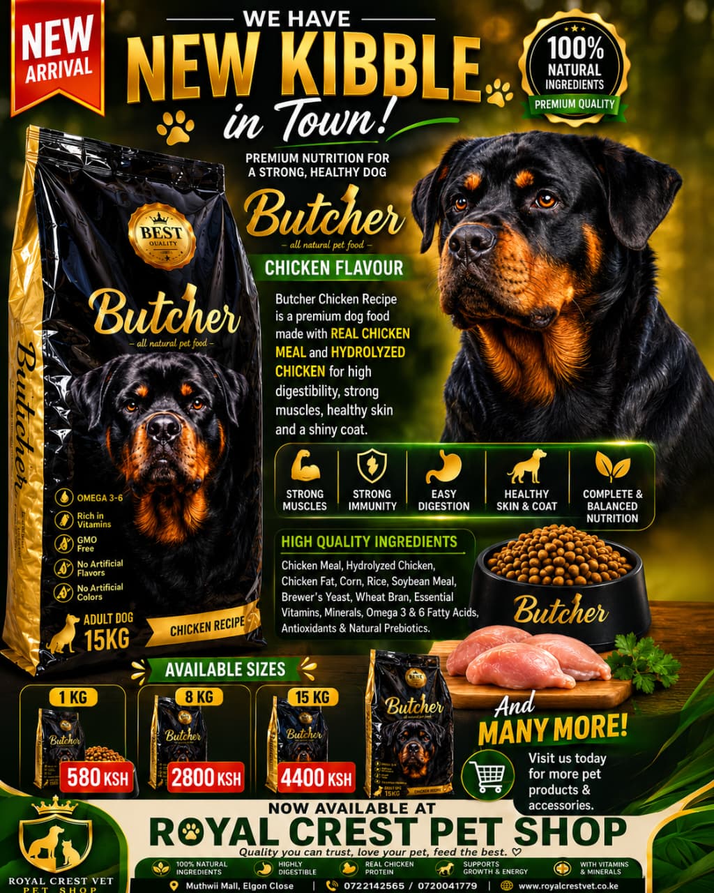 ROYAL CREST VET CLINIC Facebook ad: New premium chicken-flavoured dog kibble is now available…