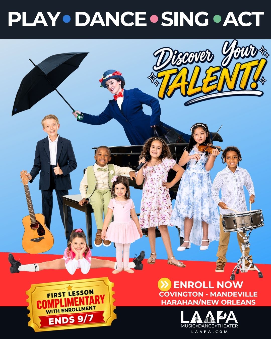 Louisiana Academy of Performing Arts Facebook ad: Northshore Music • Dance • Acting Lessons