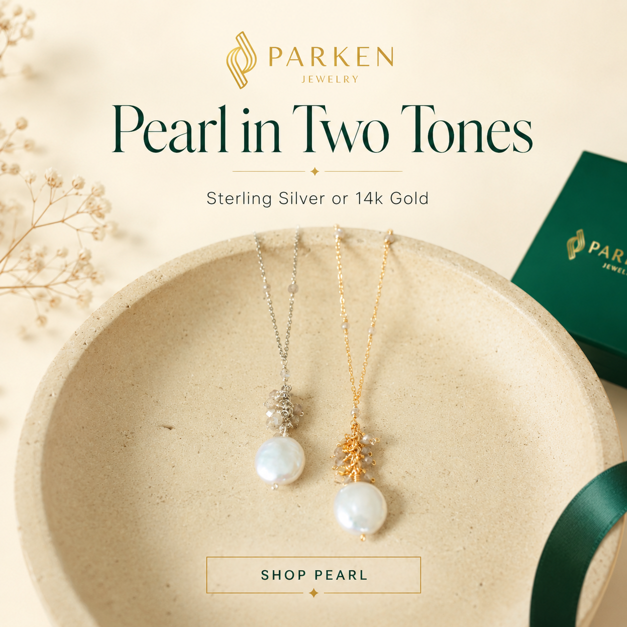 Parken Jewelry Facebook ad: Pearls. Timeless, luminous, made to be worn.