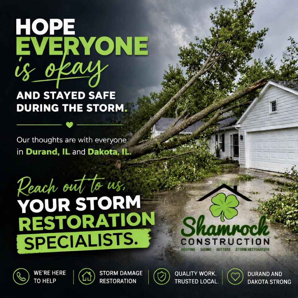 Shamrock Construction Facebook ad: Storms just rumbled through the area, and Durand…