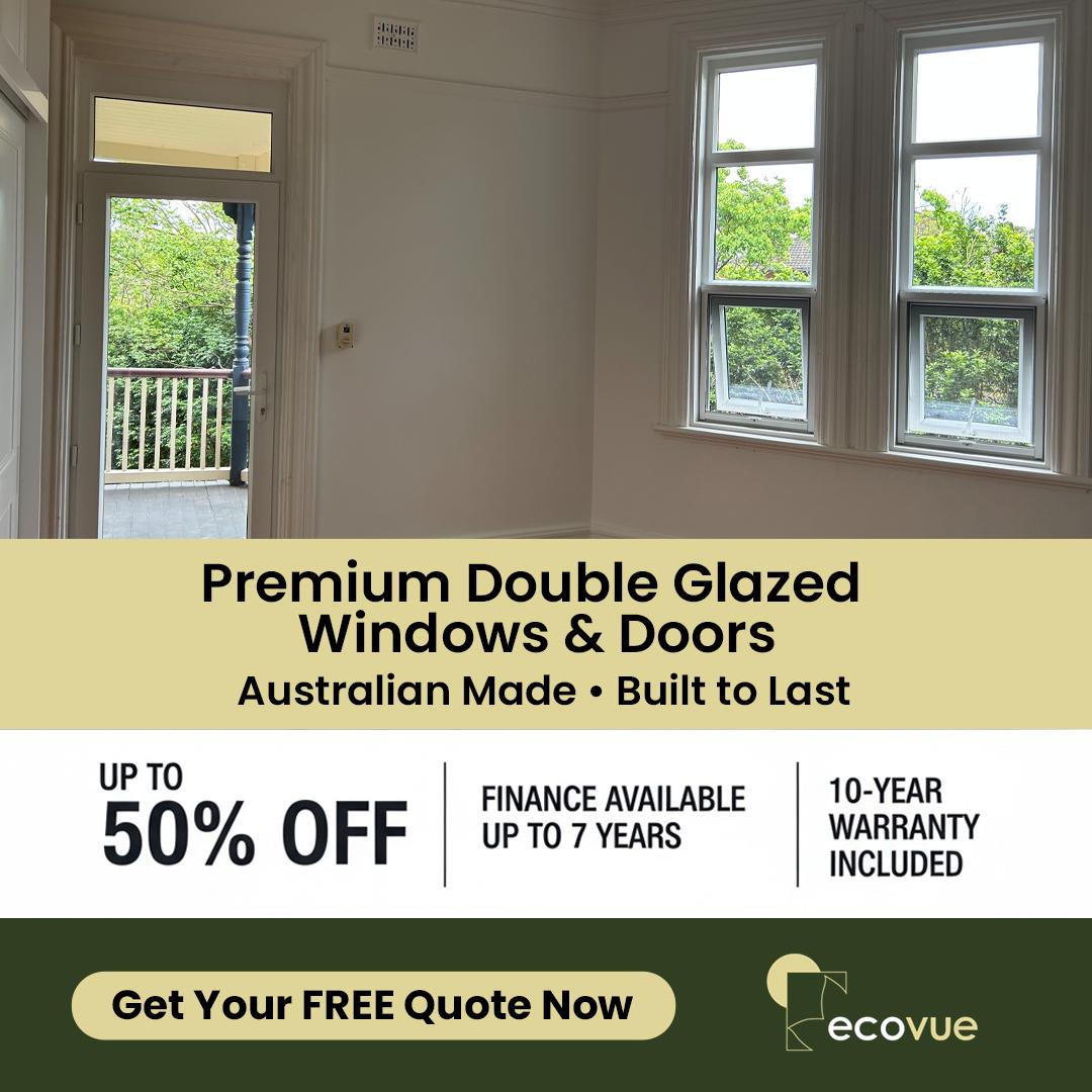 Ecovue Facebook ad: Up To 50% Off - Windows & Doors Upgrade - Pay Later