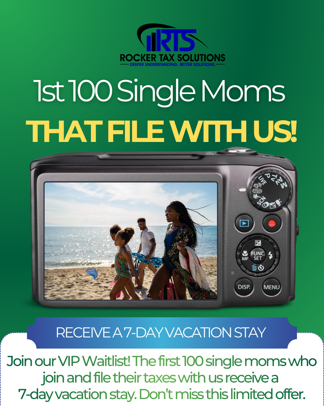 Rocker Tax Solutions Facebook ad: Join The SIngle Mom Tax Filing V.I.P. Club