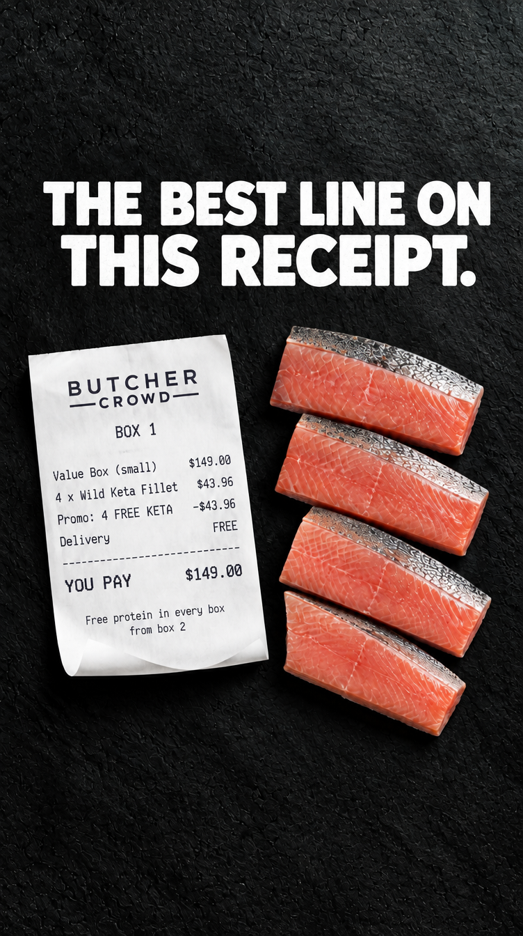 ButcherCrowd Facebook ad: 4 Free Wild Salmon Fillets