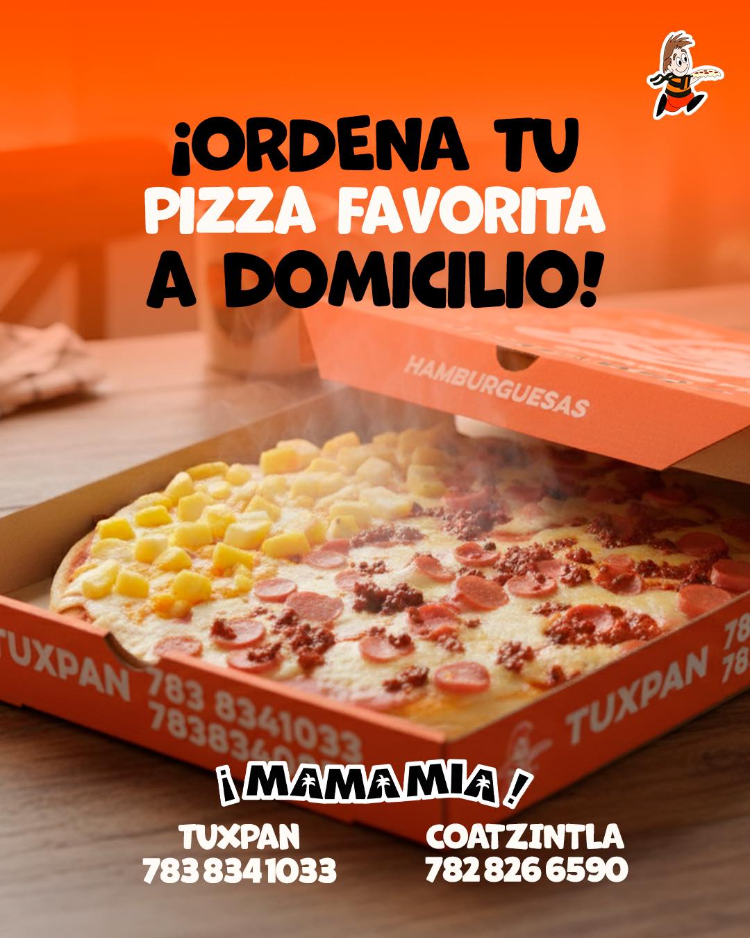 Mama Mia Pizzas Facebook ad: No salgas de casa, nosotros llevamos el sabor…