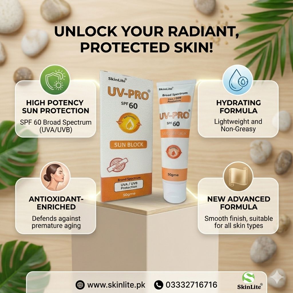 SkinLite Facebook ad: UV-PRO SUN BLOCK SPF60, SkinLite