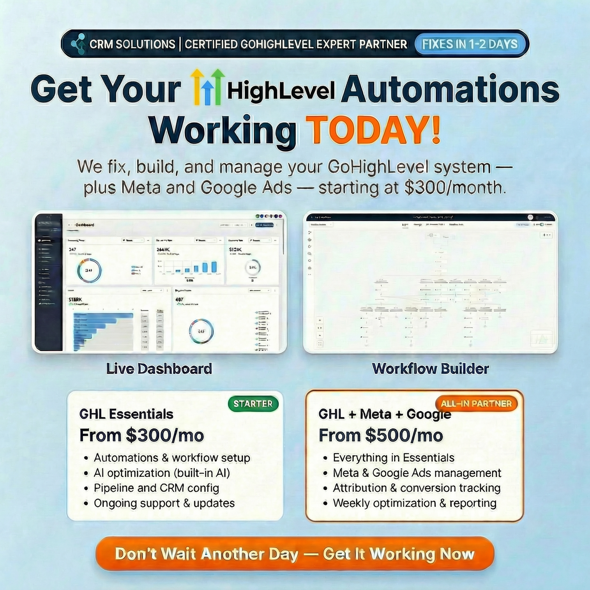 CRM Solutions Facebook ad: GHL + Meta + Google. One Expert Partner.