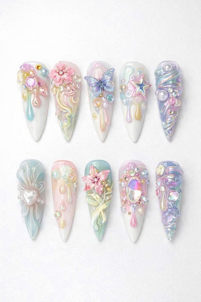 Dragonnail Custom Nails Facebook ad: Dreamy Fairycore 3D Butterfly Iridescent Garden Press On…