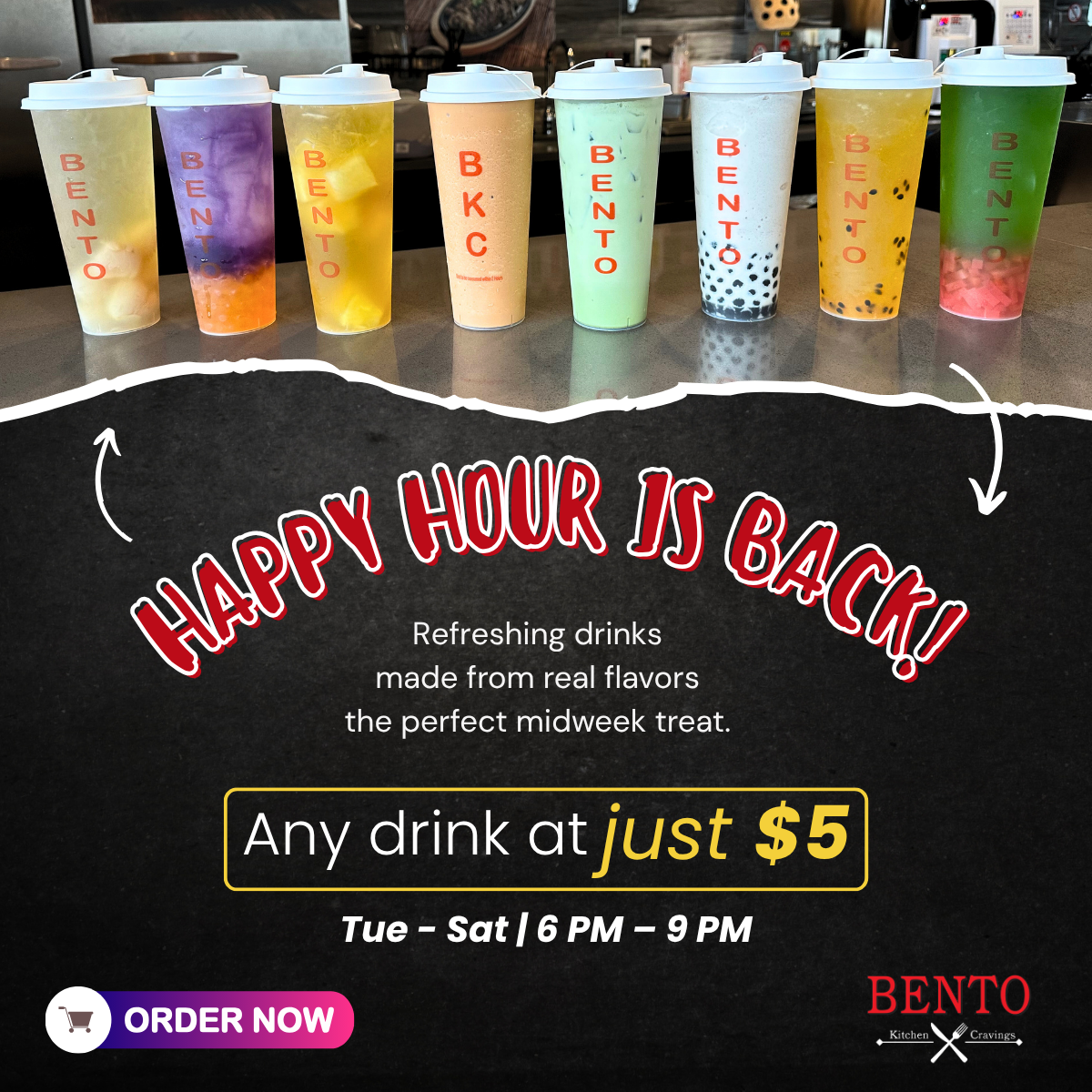 Bento Kitchen Cravings Facebook ad: $5 Smoothies & Teas, Big Flavor, No Guilt