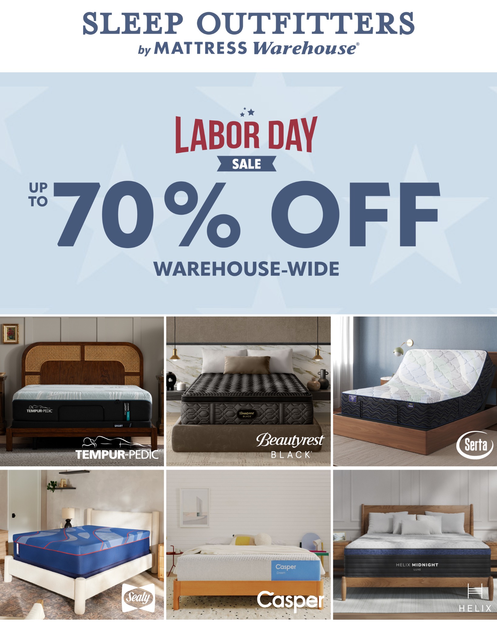 Sleep Outfitters Facebook ad: Up to 70% Off Labor Day Sale