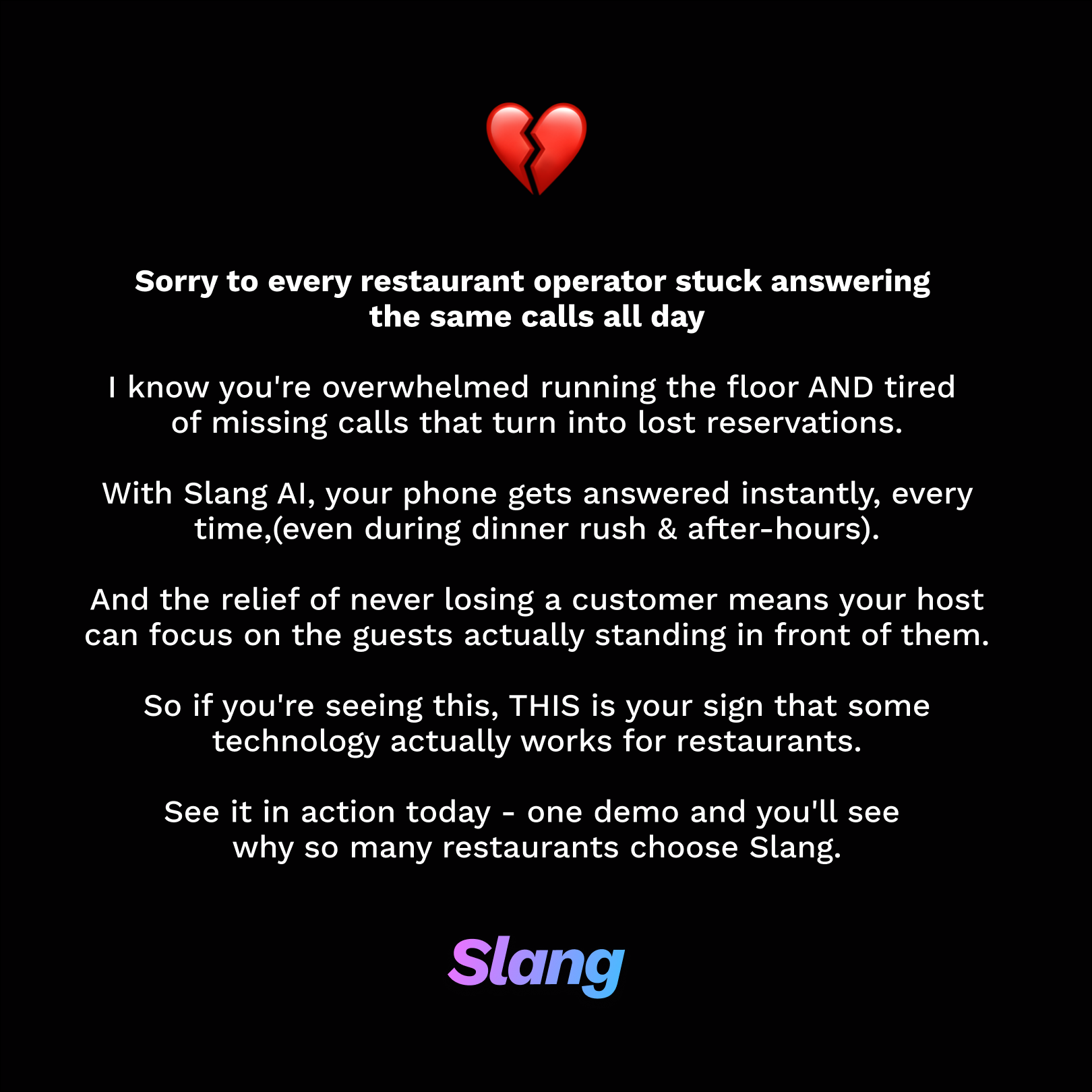 Slang AI Facebook ad: 24/7 Phone Answering for OpenTable Restaurants