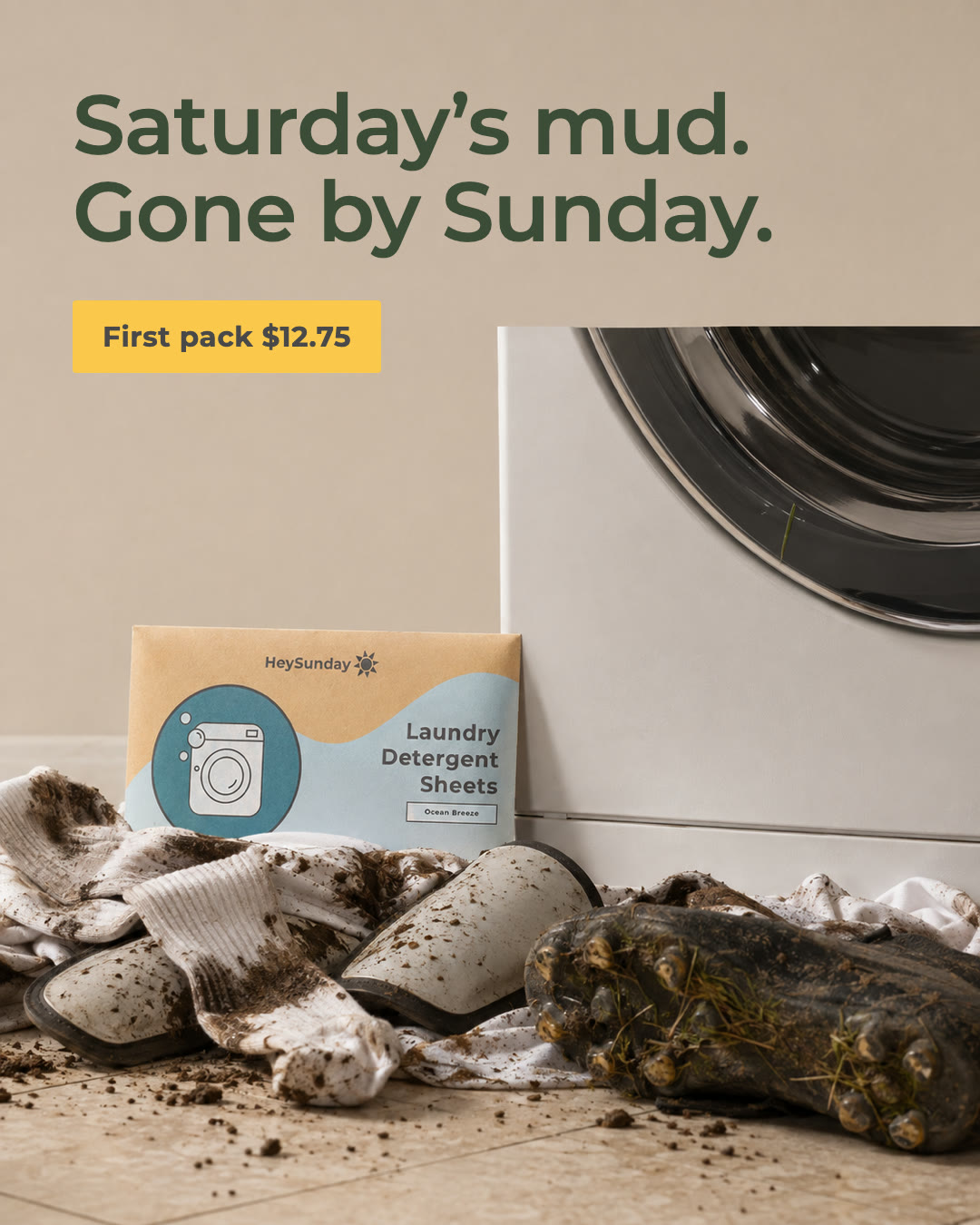 HeySunday Facebook ad: Laundry Just Got a Whole Lot Greener