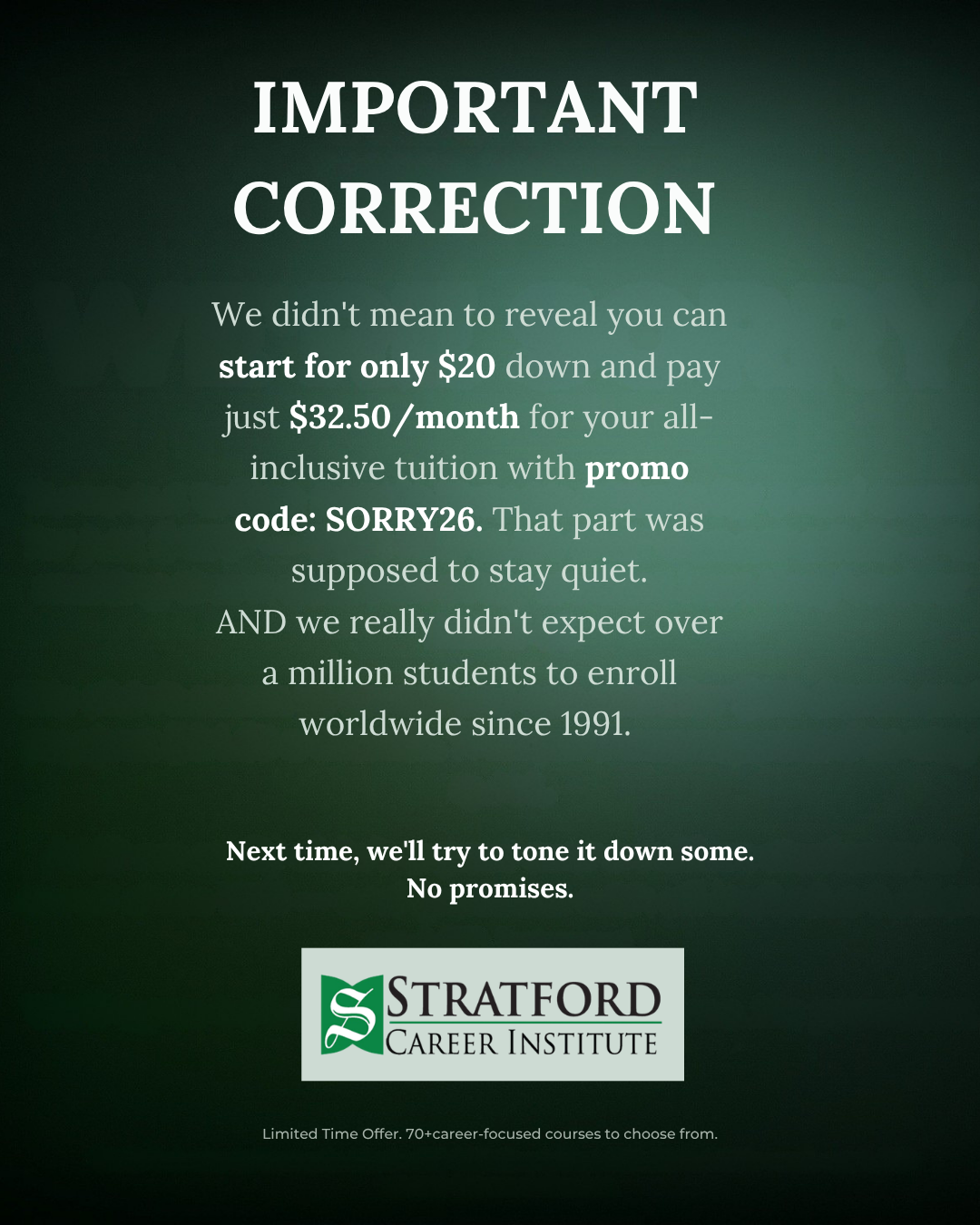 Stratford Career Institute Facebook ad: Train for the Career You Want-Study at Home on Your Schedule