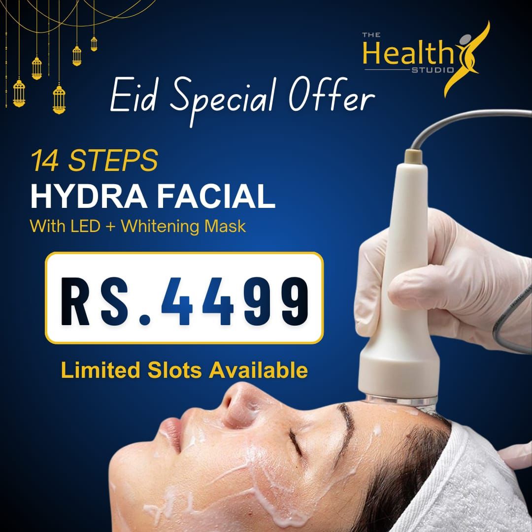 The Health Studio Sheikhupuraa Facebook ad: Eid Glow Sale, 40% OFF on Hydra Facial