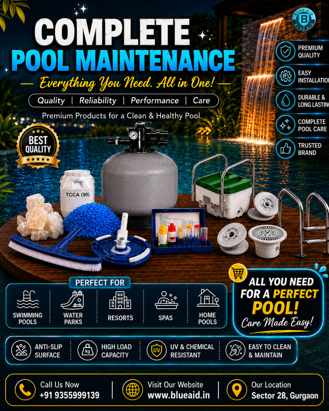 BlueAid Facebook ad: Pool filters kahin aur se, fittings kahin aur…