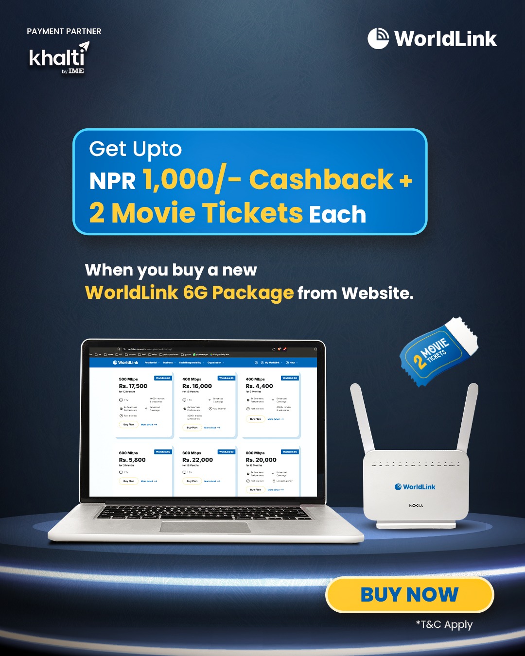 WorldLink Communications Facebook ad: Get up to NPR 1,000 cashback + 2…