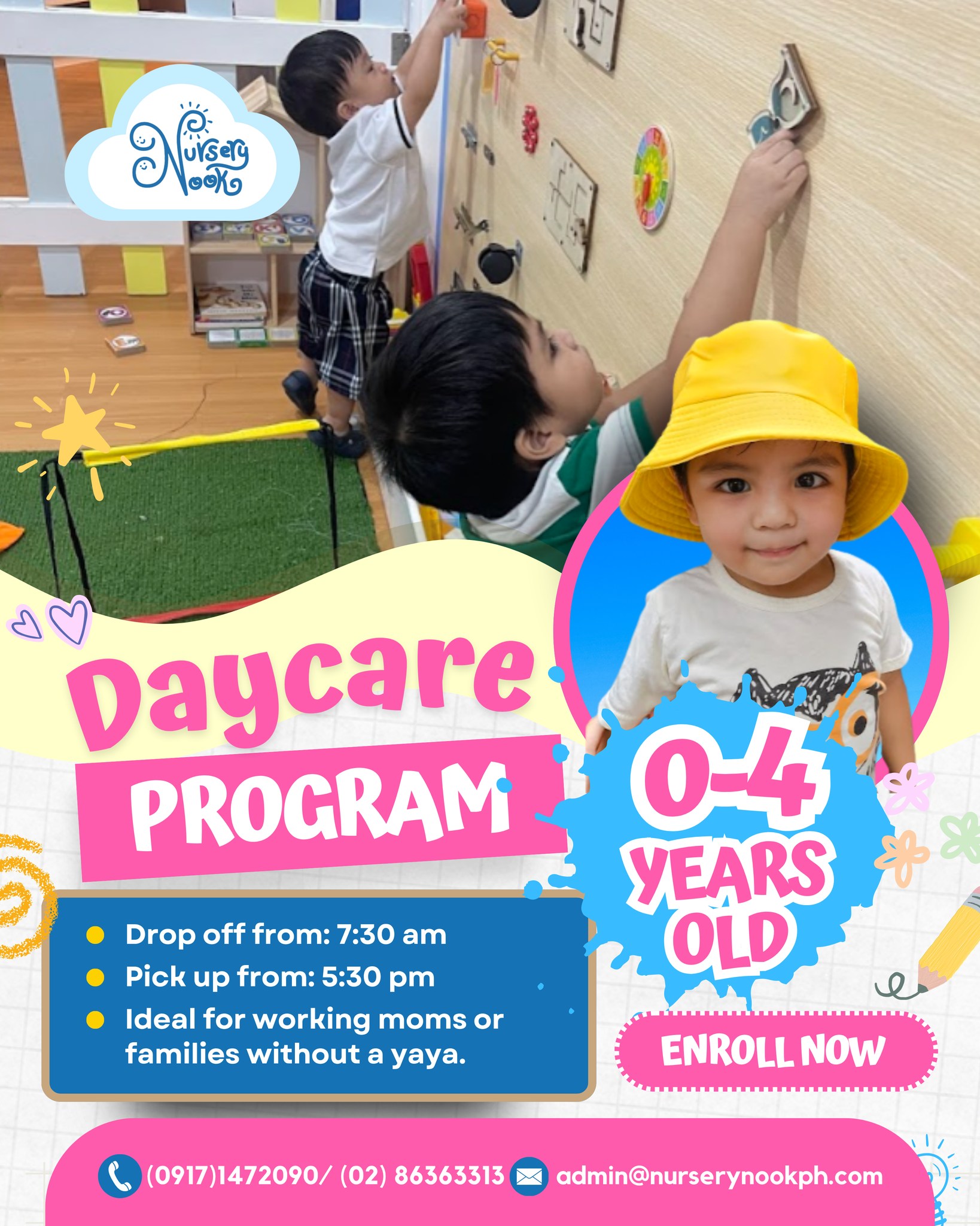 Nursery Nook Daycare & Playclass Center Facebook ad: Admissions for SY 2026-2027 is now open.
