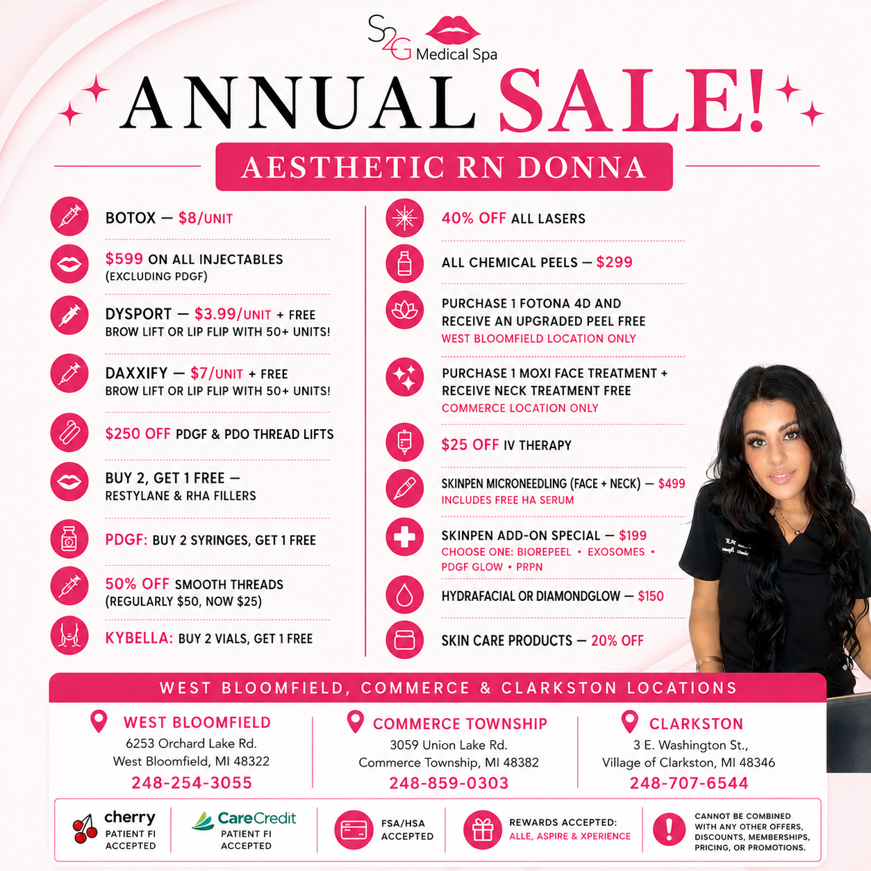 Aesthetic RN Donna Facebook ad: S2G ANNUAL SALE! BOOK NOW