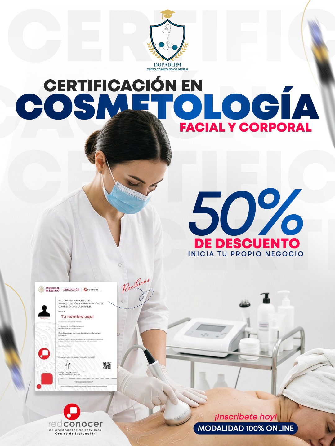 Instituto Dopaderm Facebook ad: CERTIFÍCATE EN COSMETOLOGÍA Y TRANSFORMA TU FUTURO