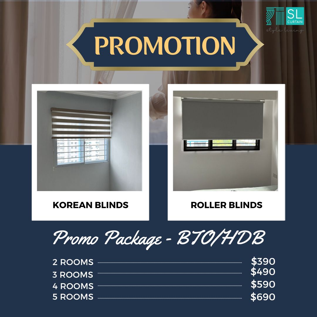 SL Curtain Facebook ad: Affordable Korean & Roller Blinds BTO/HDB Package From $390!