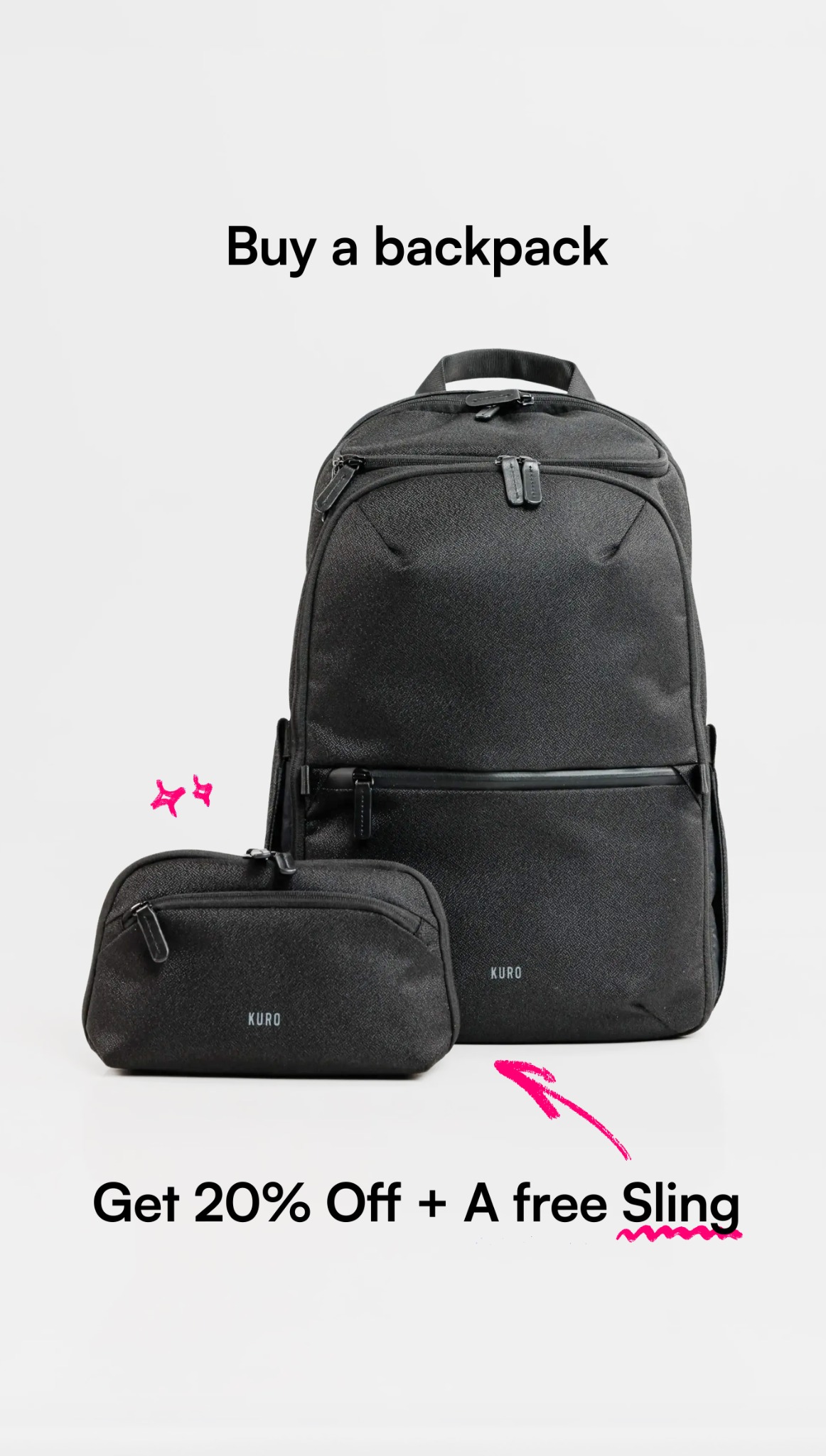Kuro Essentials Facebook ad: 20% Off + Free Sling Included