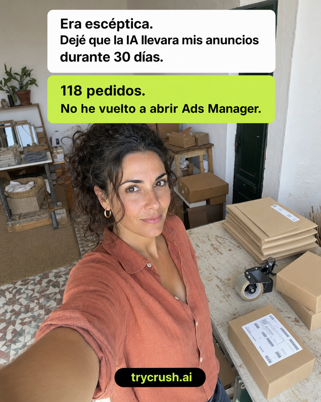 trycrush.ai Facebook ad: Era escéptica. Luego, 118 pedidos.