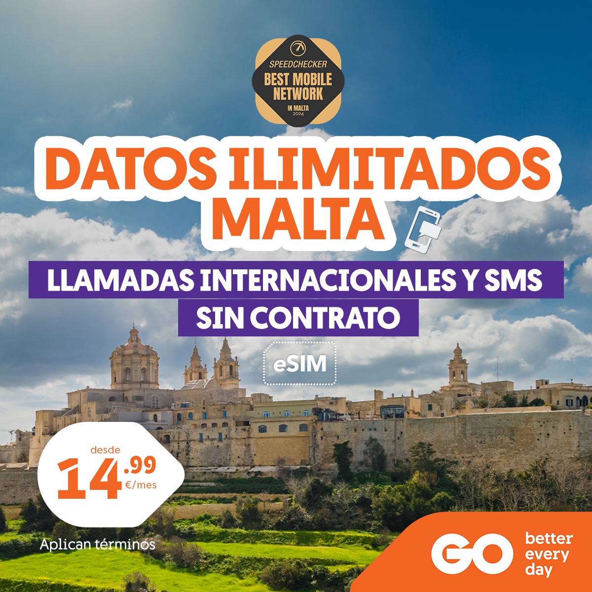 GO Facebook ad: Datos ilimitados por solo 14,99 €/mes.