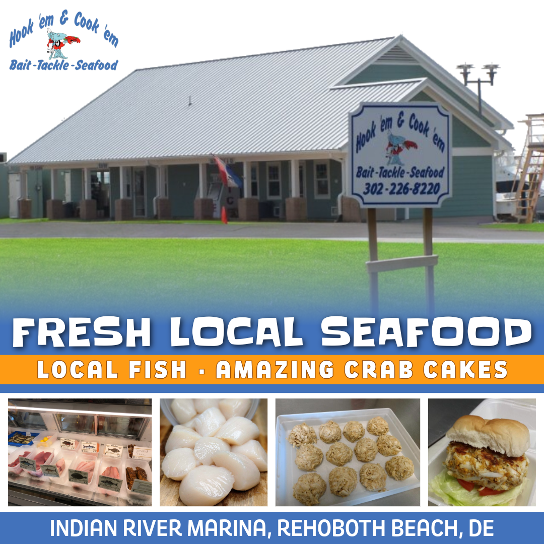 Hook 'em & Cook 'em Bait & Tackle Facebook ad: Satisfy Your Seafood Cravings Today!