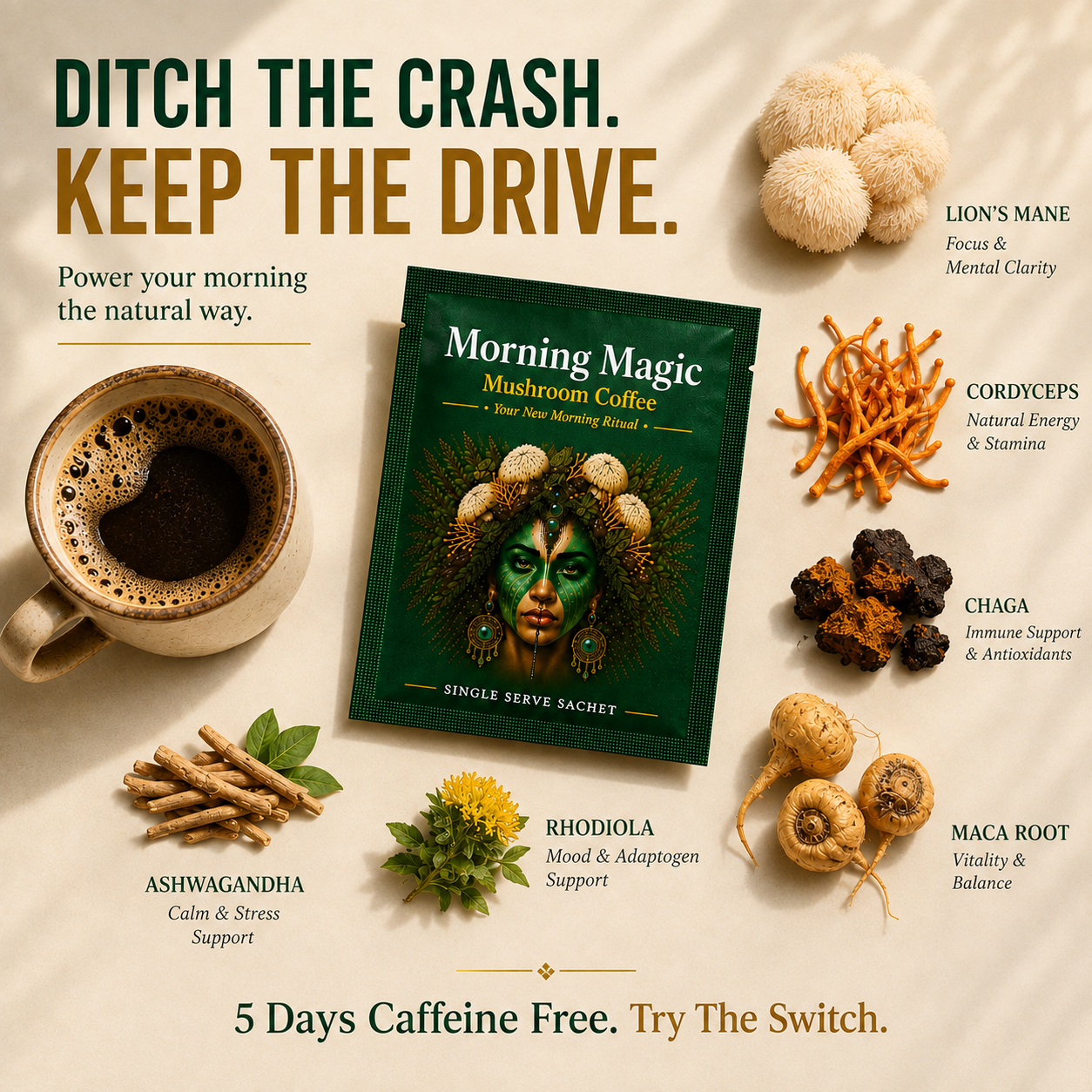 Ancient Extracts Facebook ad: Mushroom Coffee. Coffee Taste. Try It FREE.