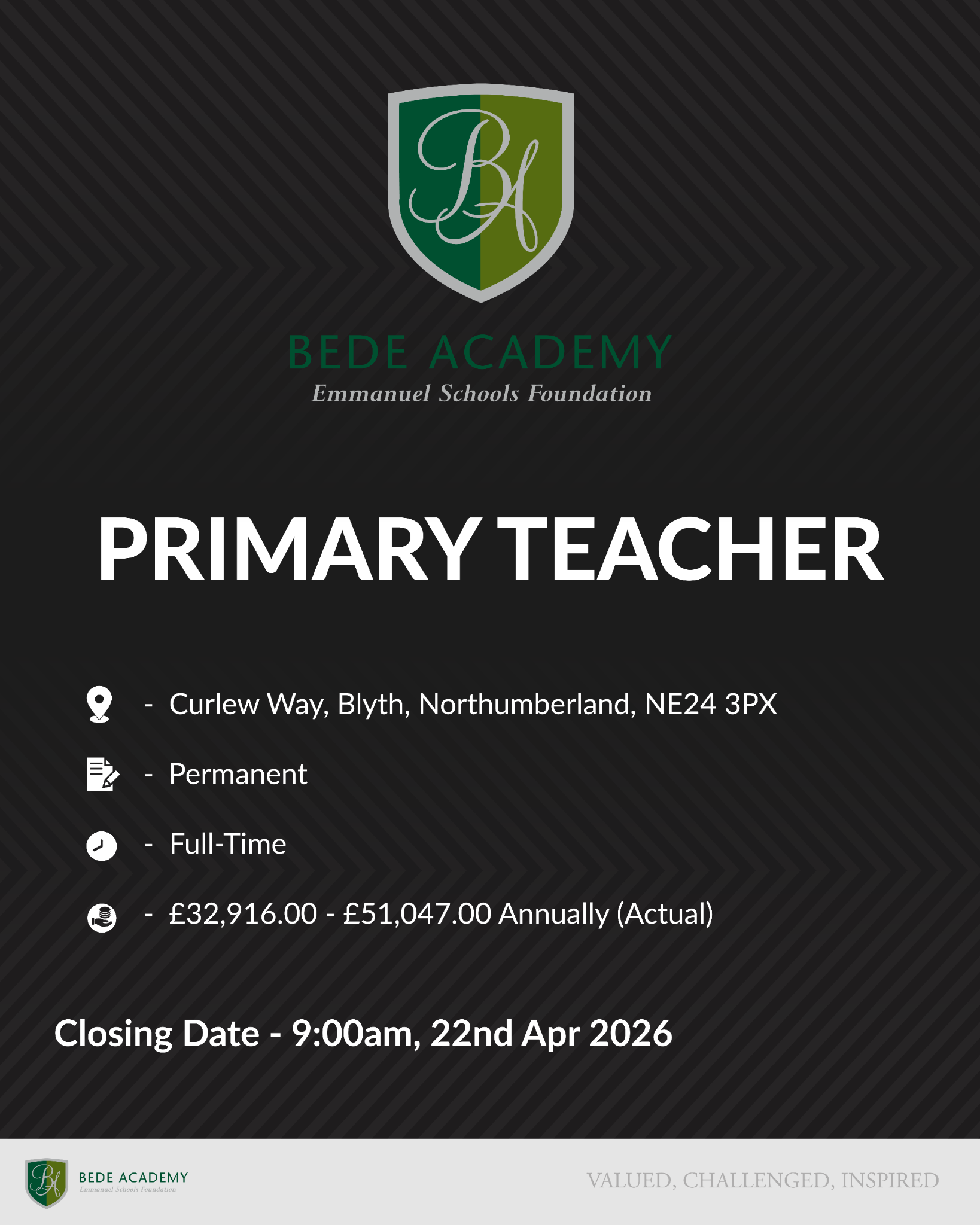 Emmanuel Schools Foundation Facebook ad: Primary Teacher, Bede Academy, Blyth