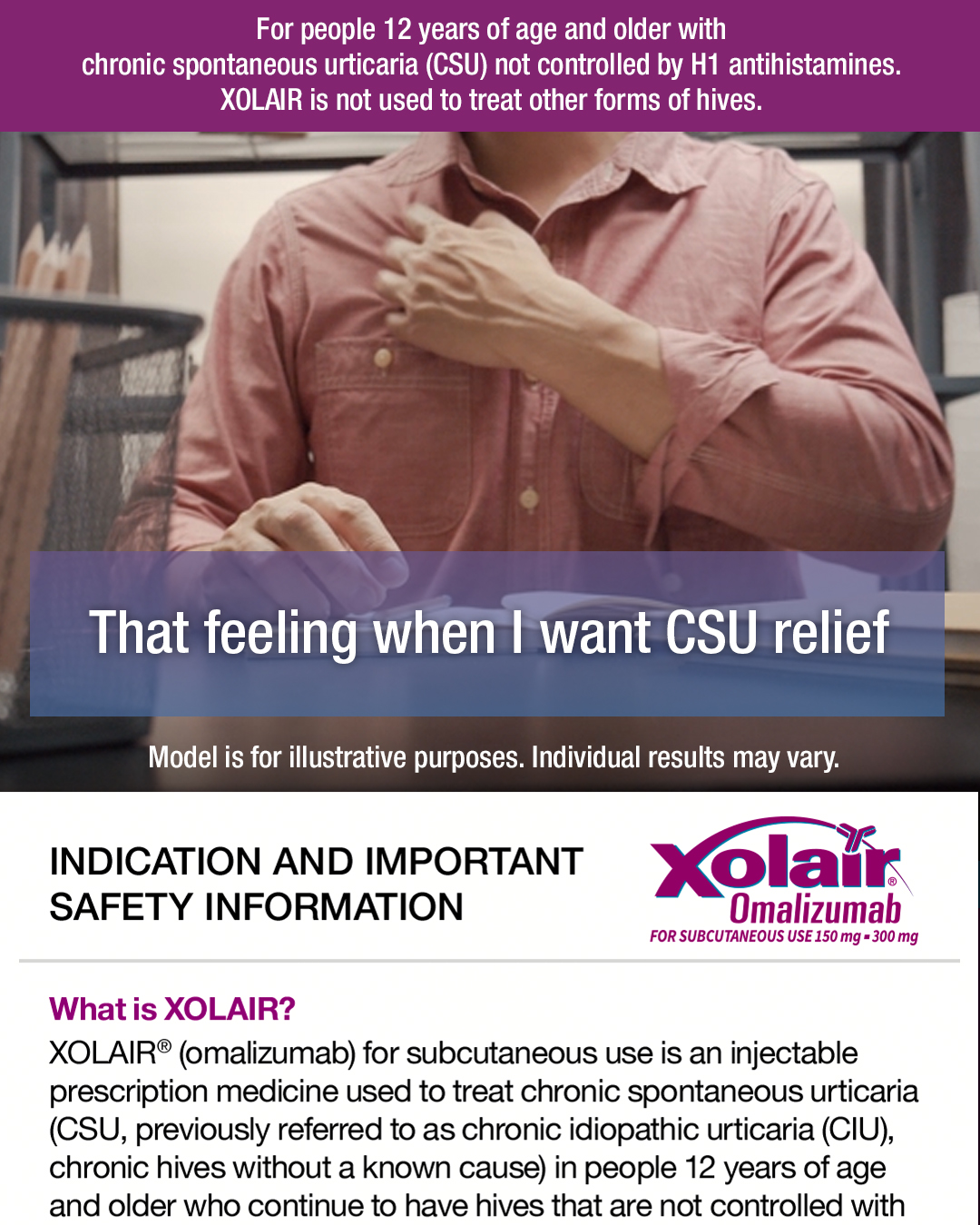XOLAIR (omalizumab) Facebook ad: Itching for relief from chronic hives with no…