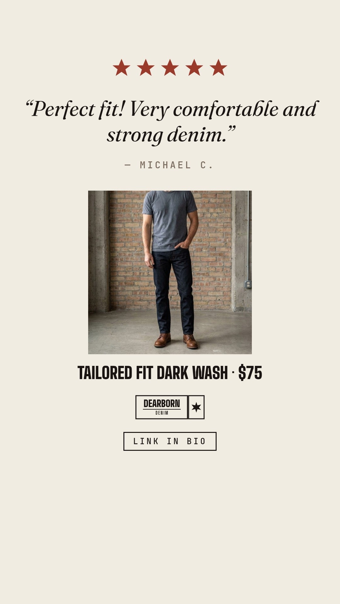 Dearborn Denim & Apparel Facebook ad: 10oz Stretch. Holds Its Shape.