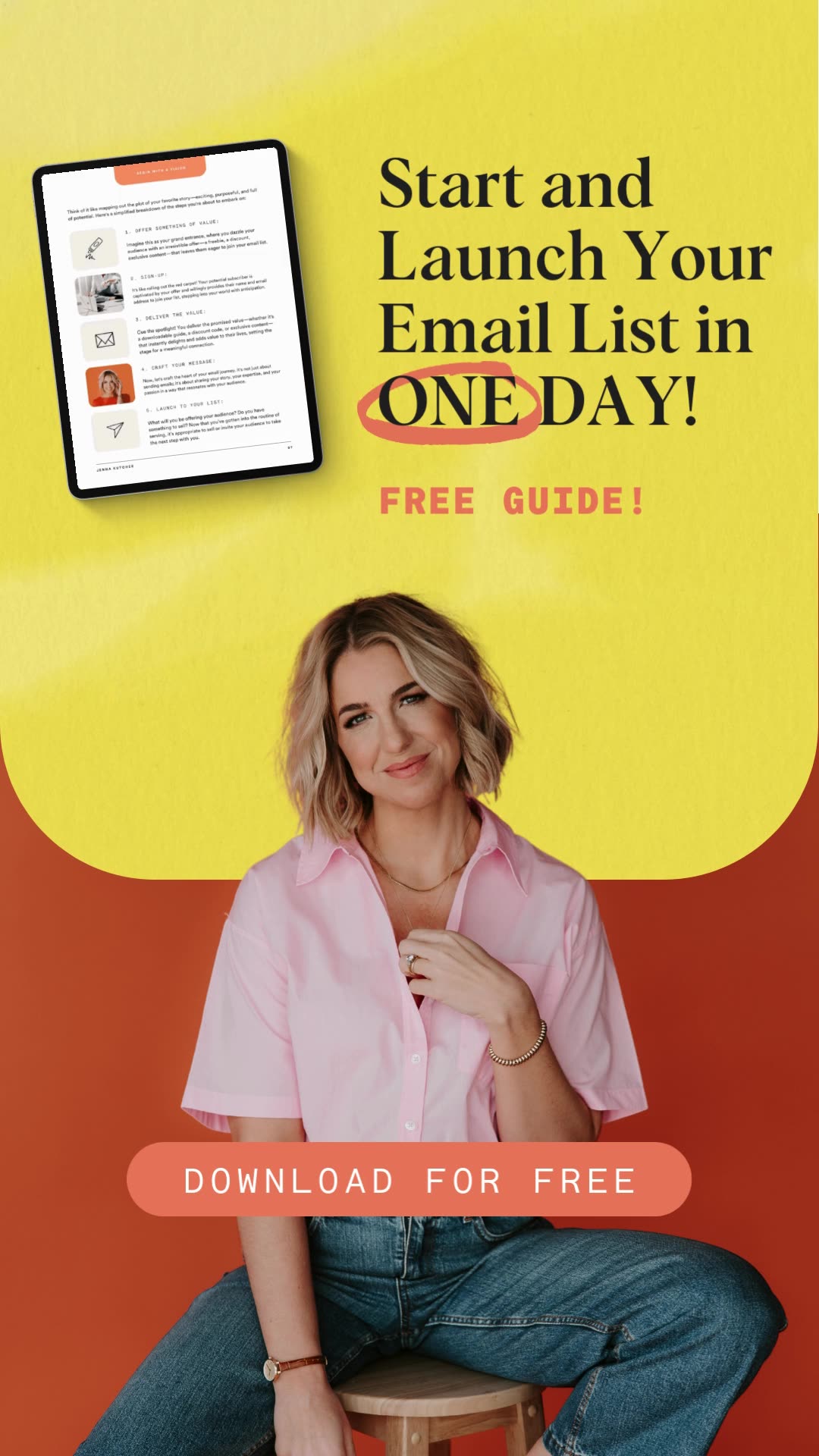 Jenna Kutcher Facebook ad: Headline: Master Your Email List in ONE DAY - Free Download!