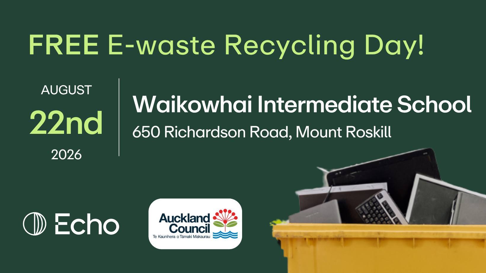 Echo Tech NZ Facebook ad: Free E-Waste Drive-Thru & Drop Off ⏐ Waikowhai…