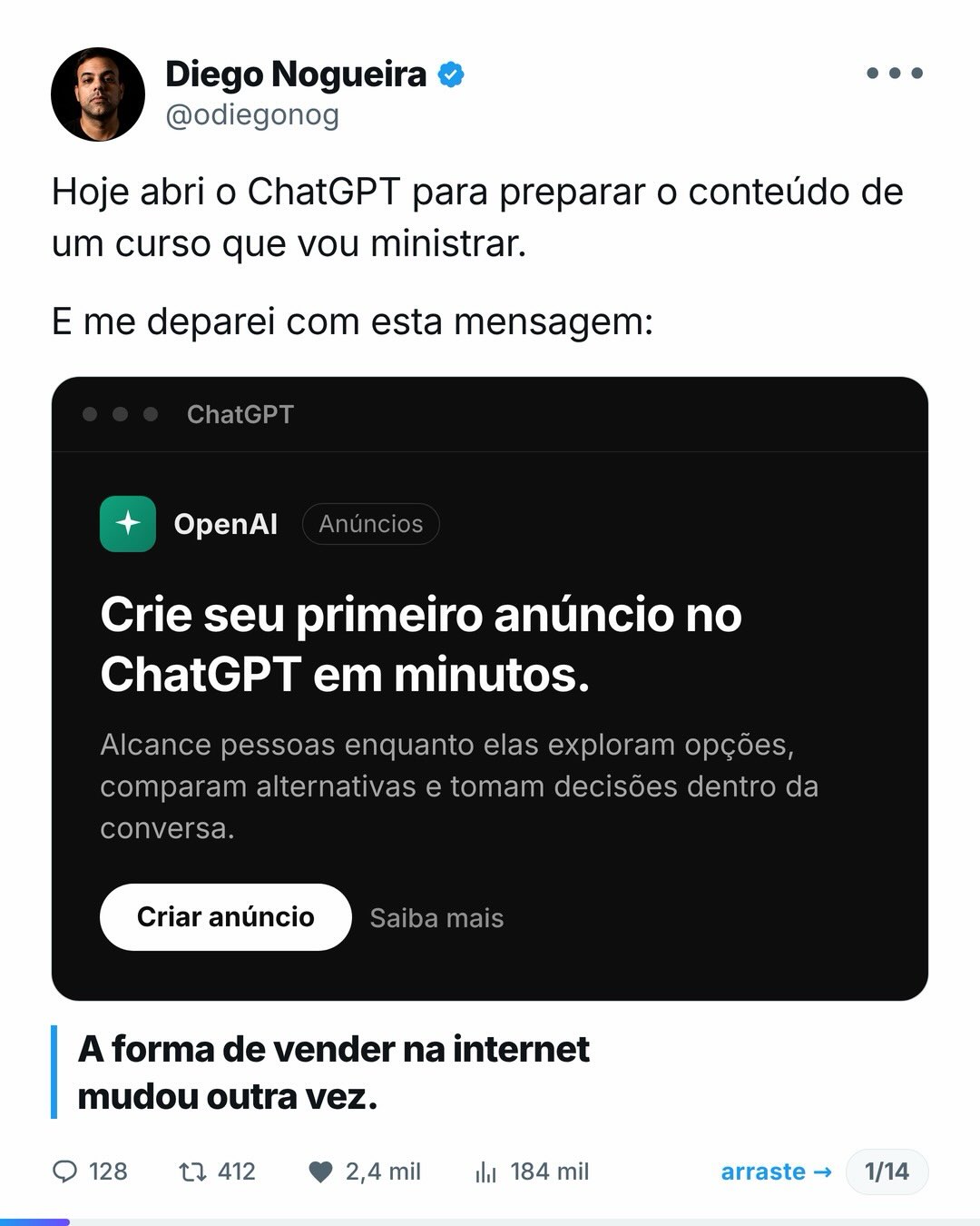 Diego Nogueira Facebook ad: Abri o ChatGPT hoje e vi: Crie seu…