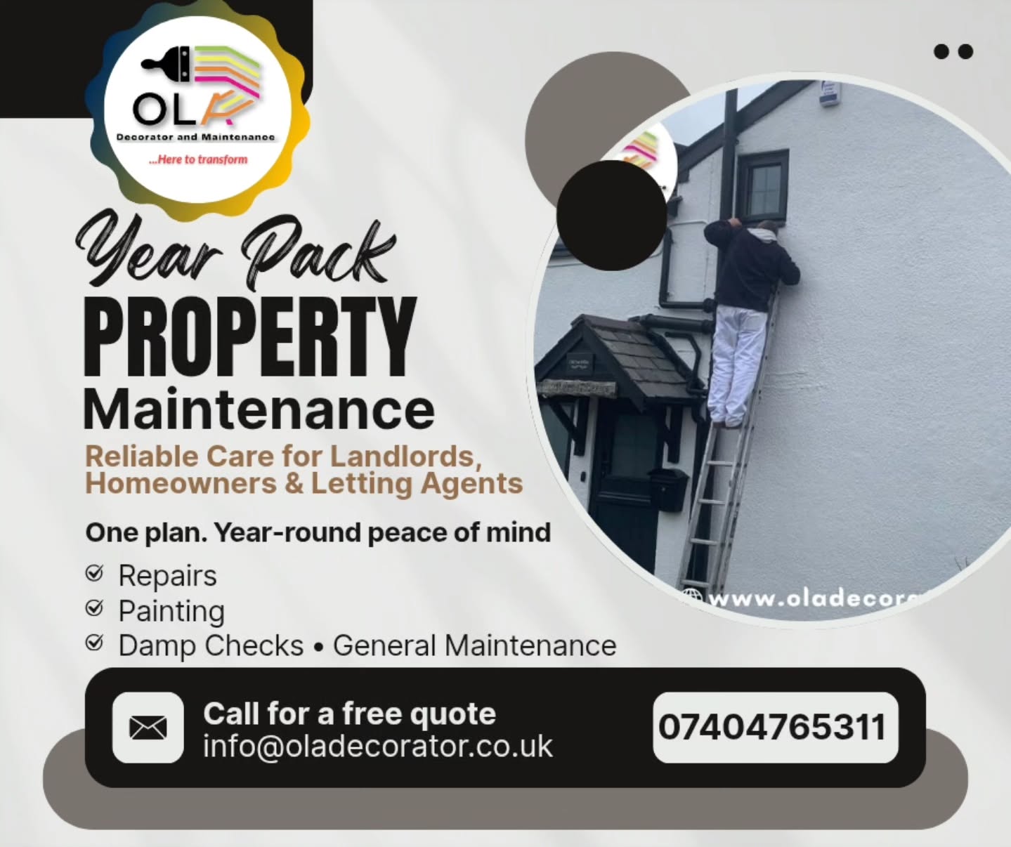 Ola Painter & Decorator Facebook ad: Property Maintenance Year Pack� Reliable care for landlords…