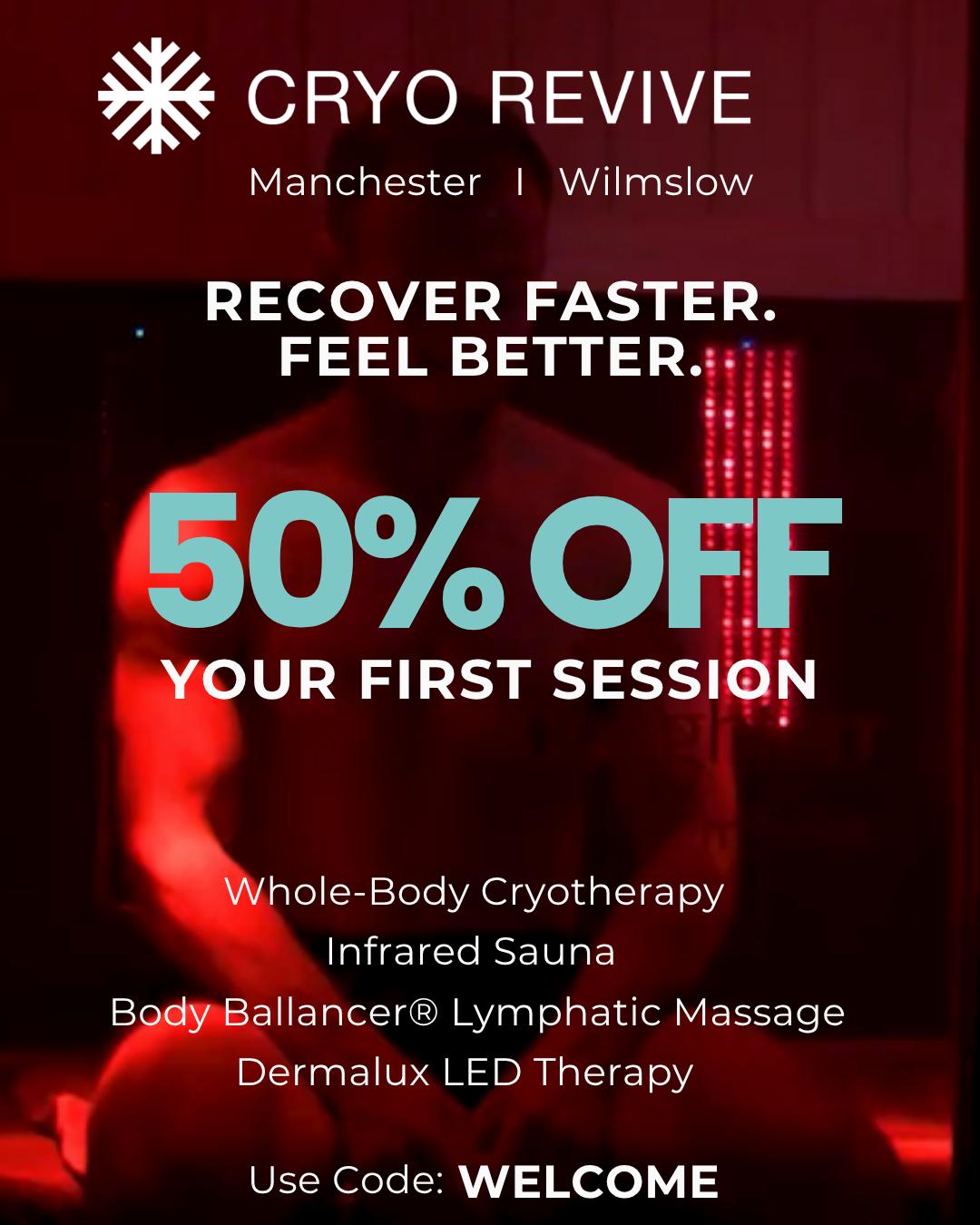 Cryo Revive Facebook ad: Manchester Recovery Studio | 50% Off First 4