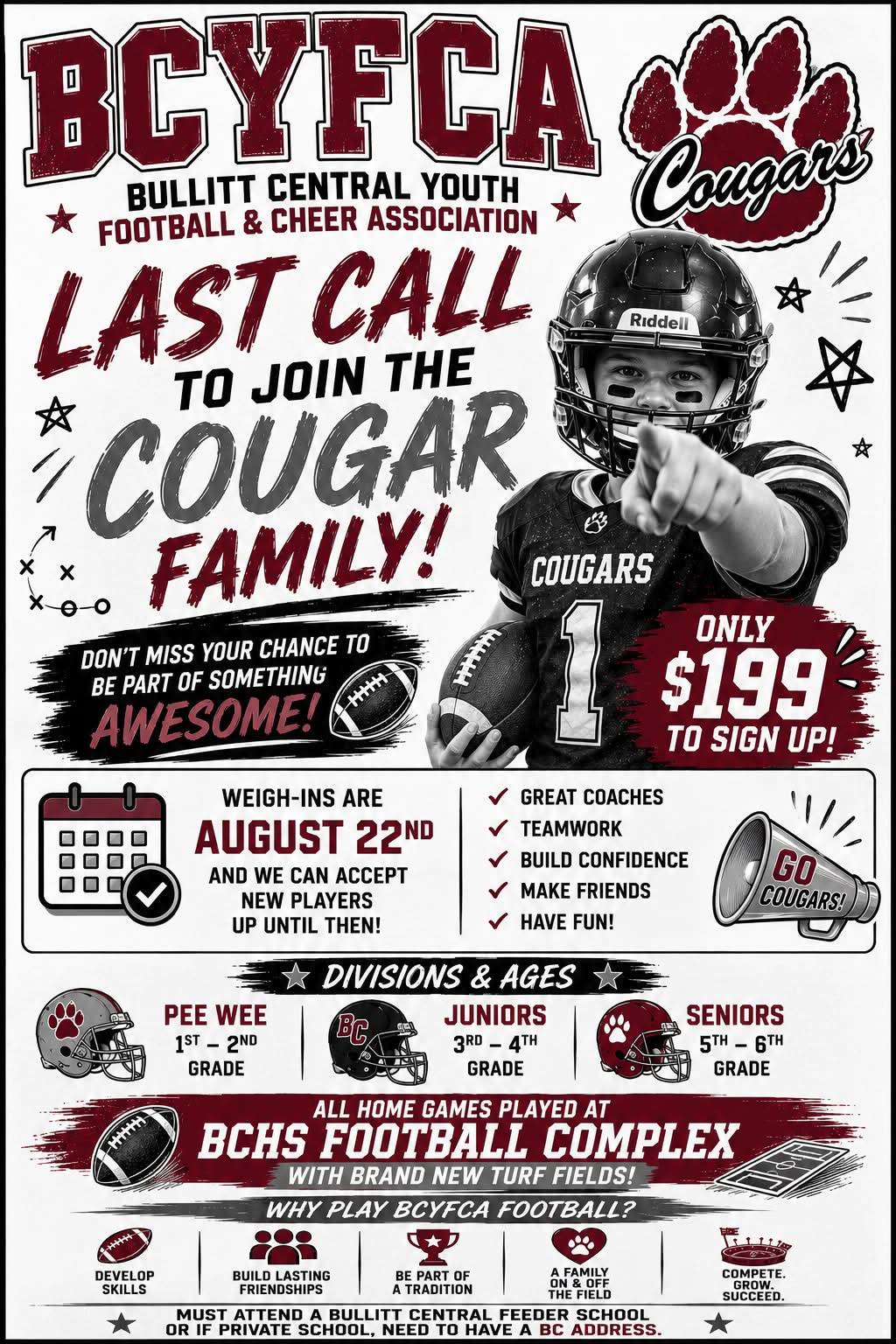 Bullitt Central Youth Football & Cheer Association Facebook ad: LAST CALL TO JOIN THE COUGAR FAMILY!