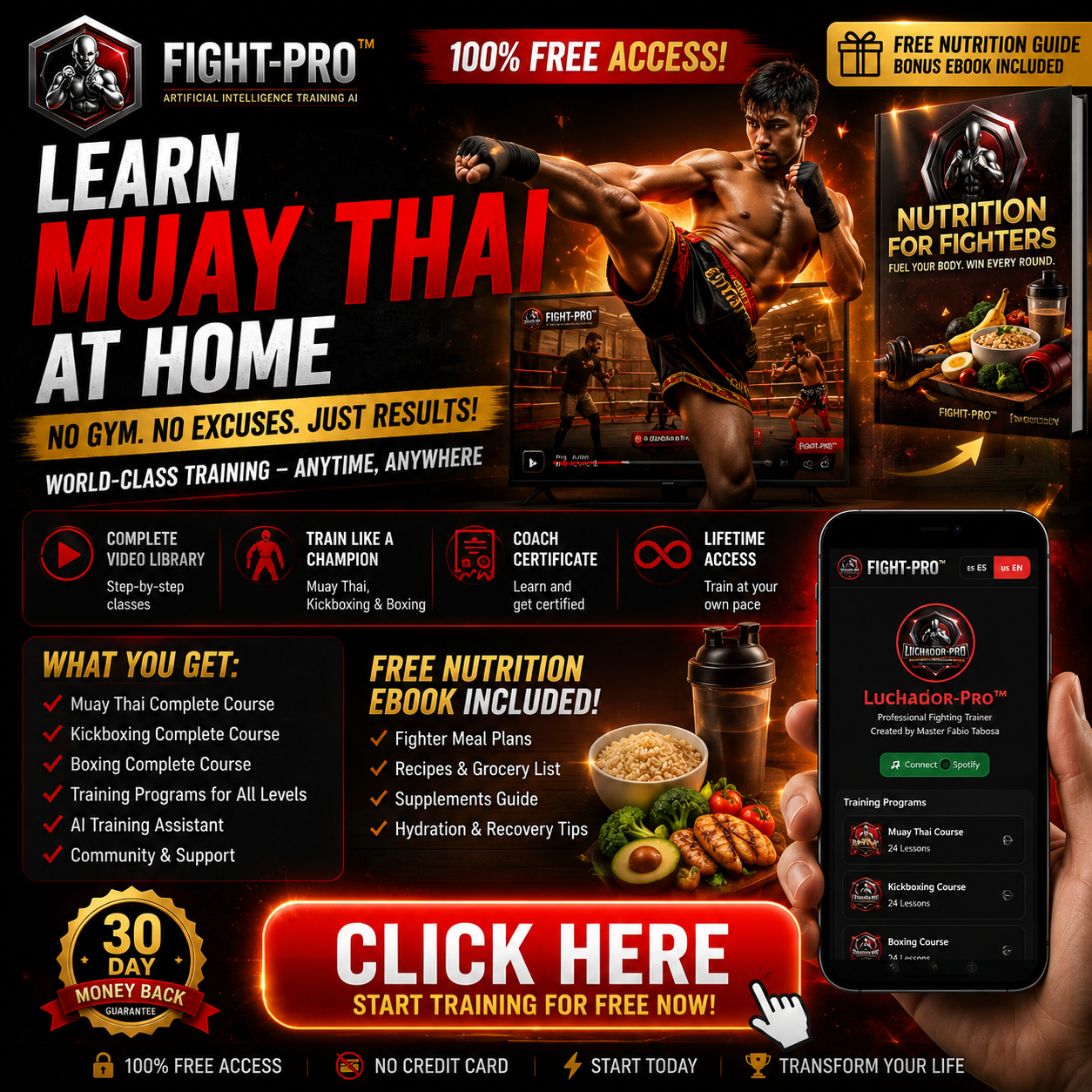 Coach: Fabio Tabosa muay thai e kickboxing Facebook ad: FREE COURSE TODAY LEARNING kickboxing muay thai