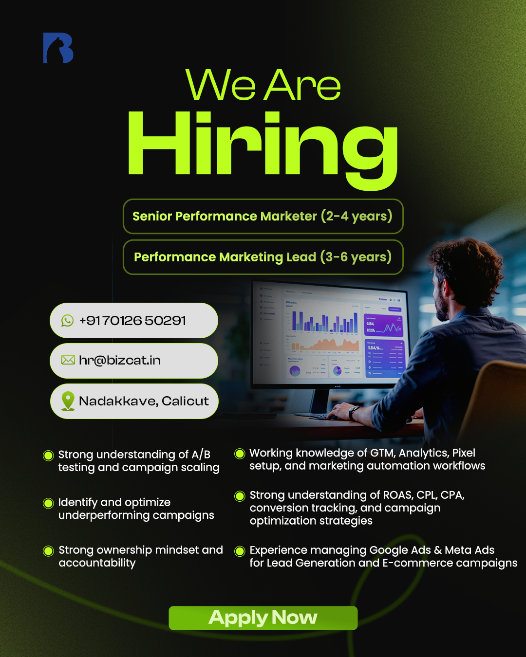 Bizcat Facebook ad: We're Hiring: Performance Marketing Executive (3+ Yrs)
