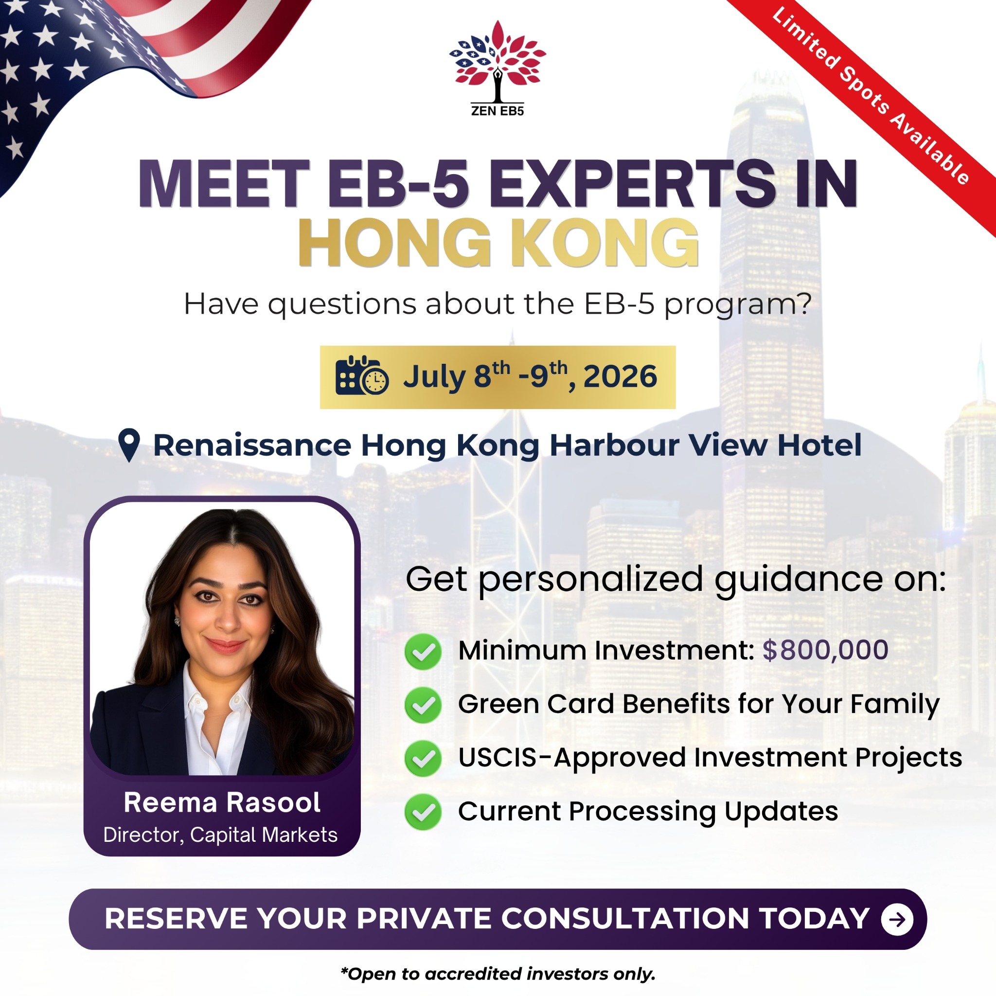 ZEN EB5 Facebook ad: Meet EB-5 Experts in Hong Kong | July 8-9
