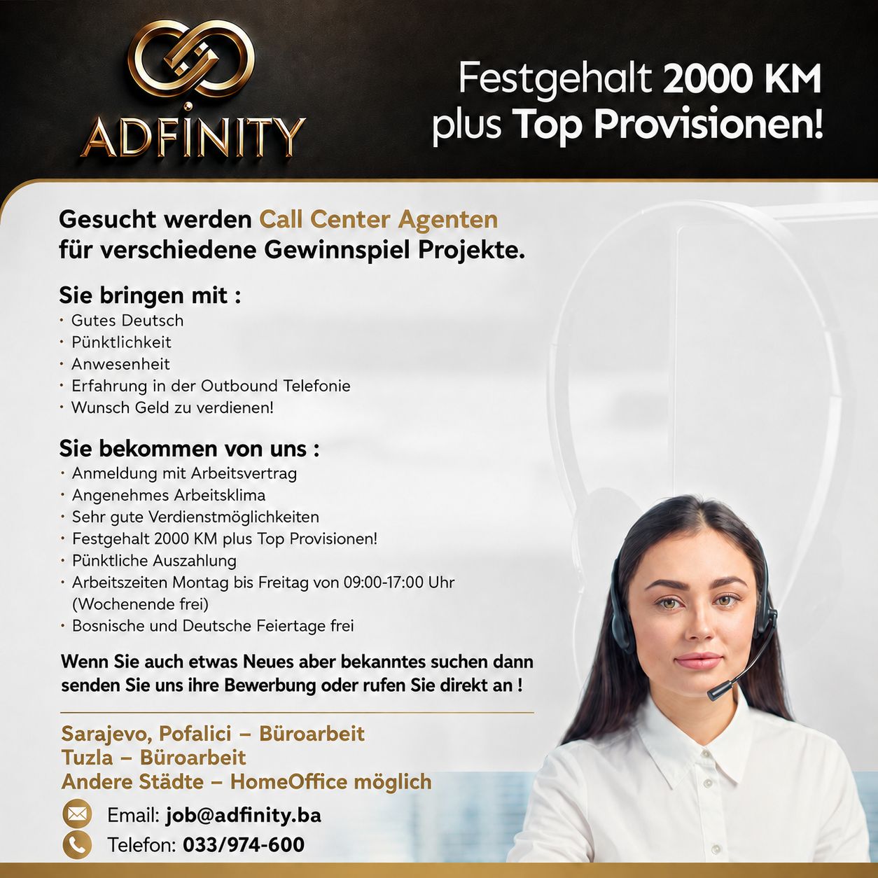 AdFinity Facebook ad: Deutsch sprechen. 2.000 KM fix verdienen.