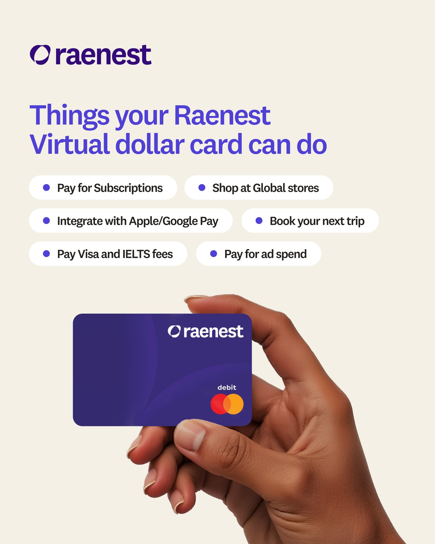 Raenest Facebook ad: Raenest | Cards for all foreign transactions