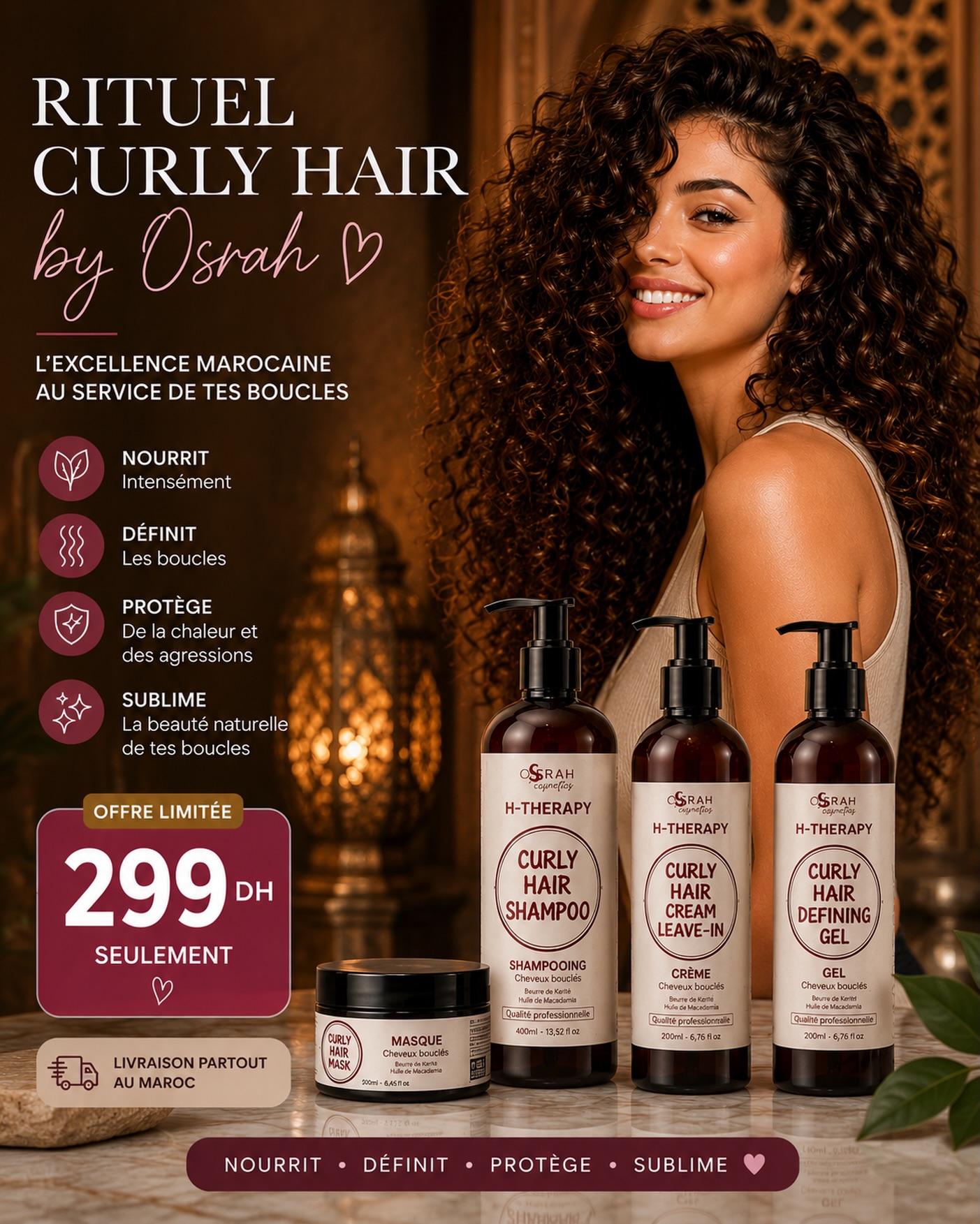 Osrah Cosmetics Facebook ad: Pack Curly Hair Care, Pack Cheveux Bouclés (4 Produits)