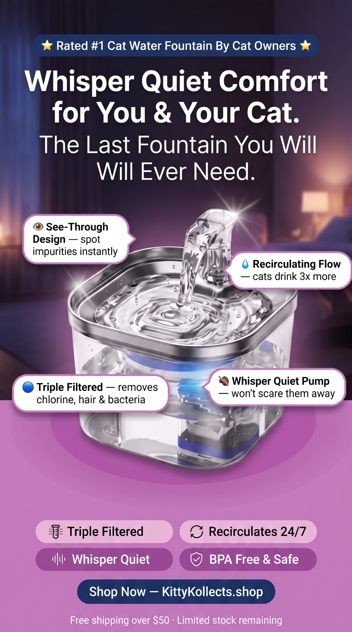 KittyKollects Facebook ad: Whisper Quiet. Triple Filtered. Always Fresh.