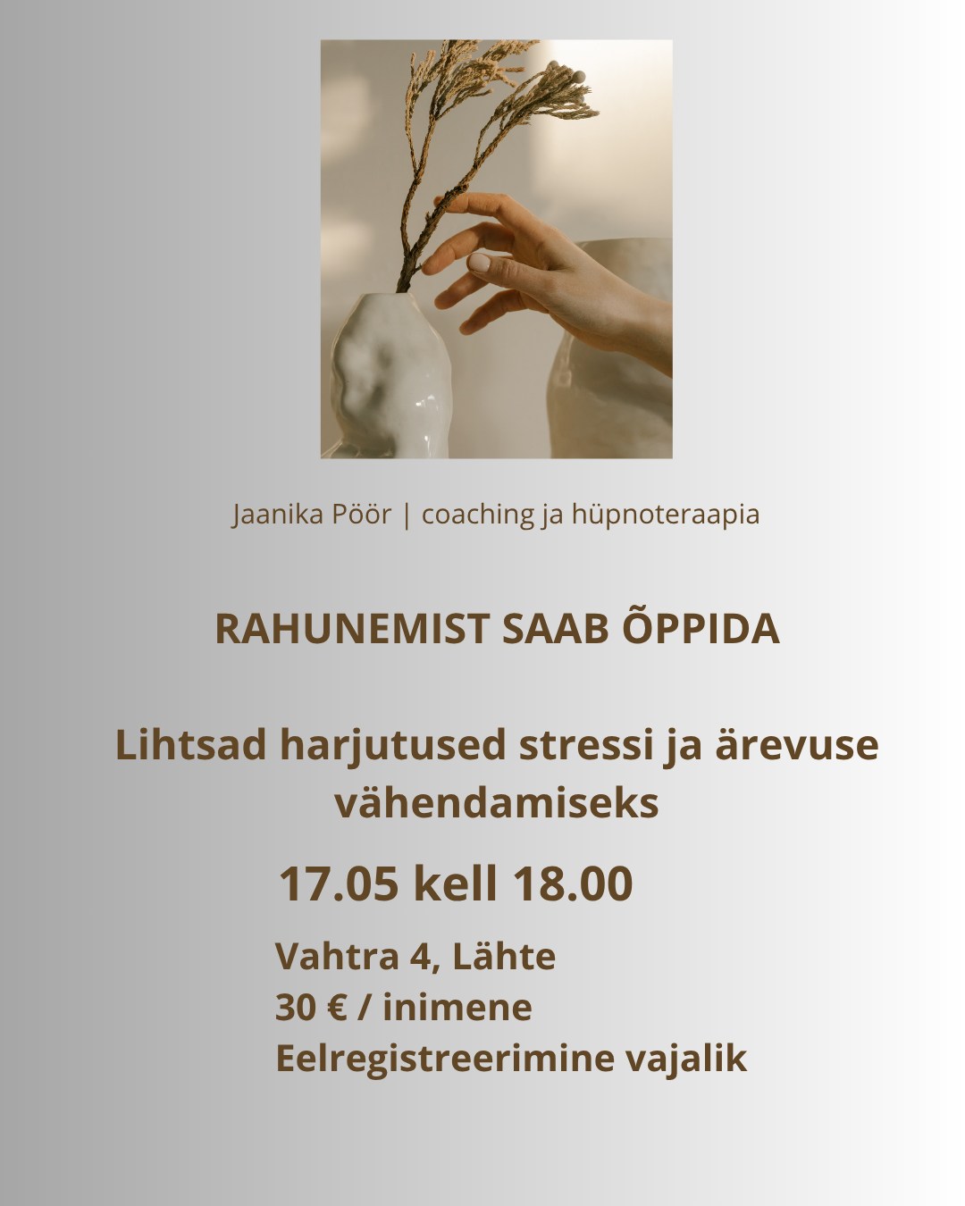 Jaanika Coaching + hüpnoteraapia Facebook ad: Rahunemist saab õppida: stressi ja ärevuse vähendamise…