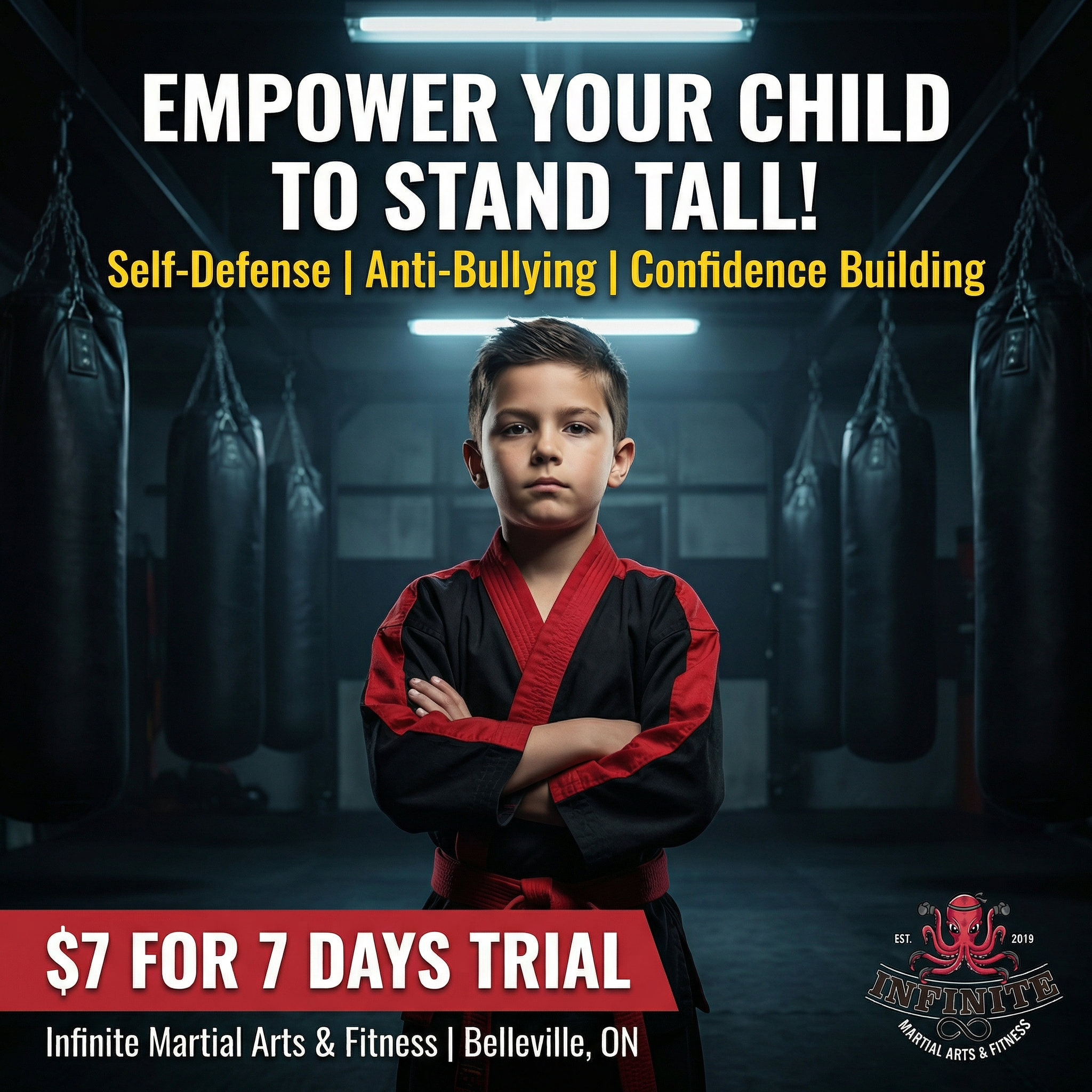Infinite Martial Arts Facebook ad: Want a 7-Day, Kids Martial Arts Class Pass For Just $7?