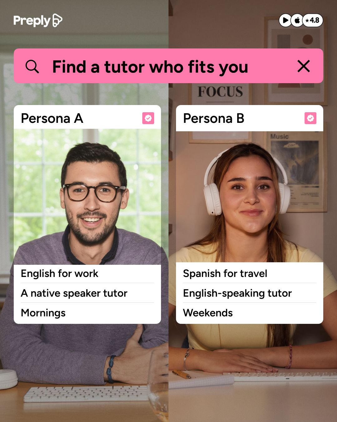 Preply Facebook ad: Language lessons that stick.