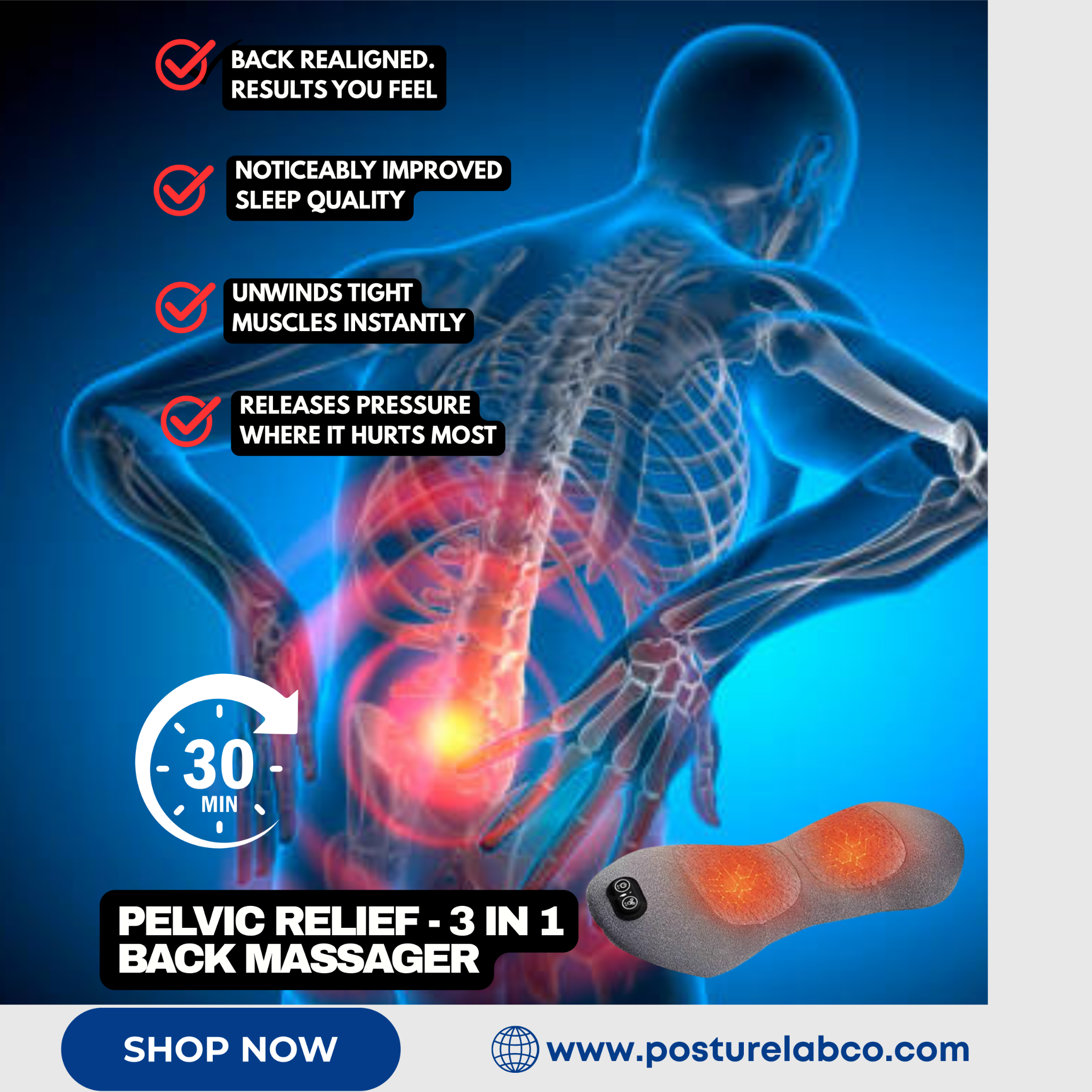 PostureLab Co Facebook ad: Eliminate Back Pain With The Pelvic Relief 3-in-1 Back…