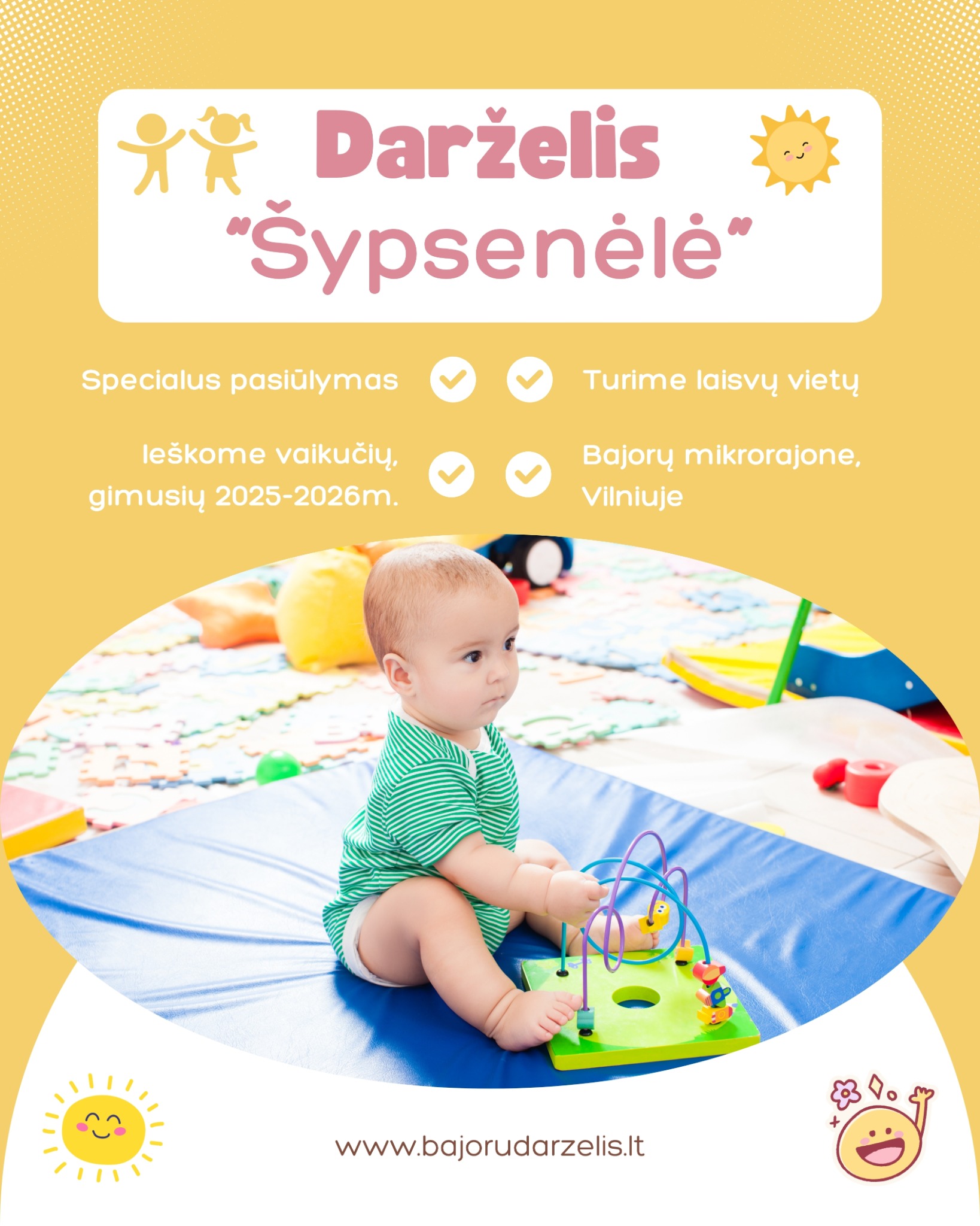 Bajorų darželis Šypsenėlė Facebook ad: 2025-2026 m. gimusiems vaikams, išskirtinis pasiūlymas